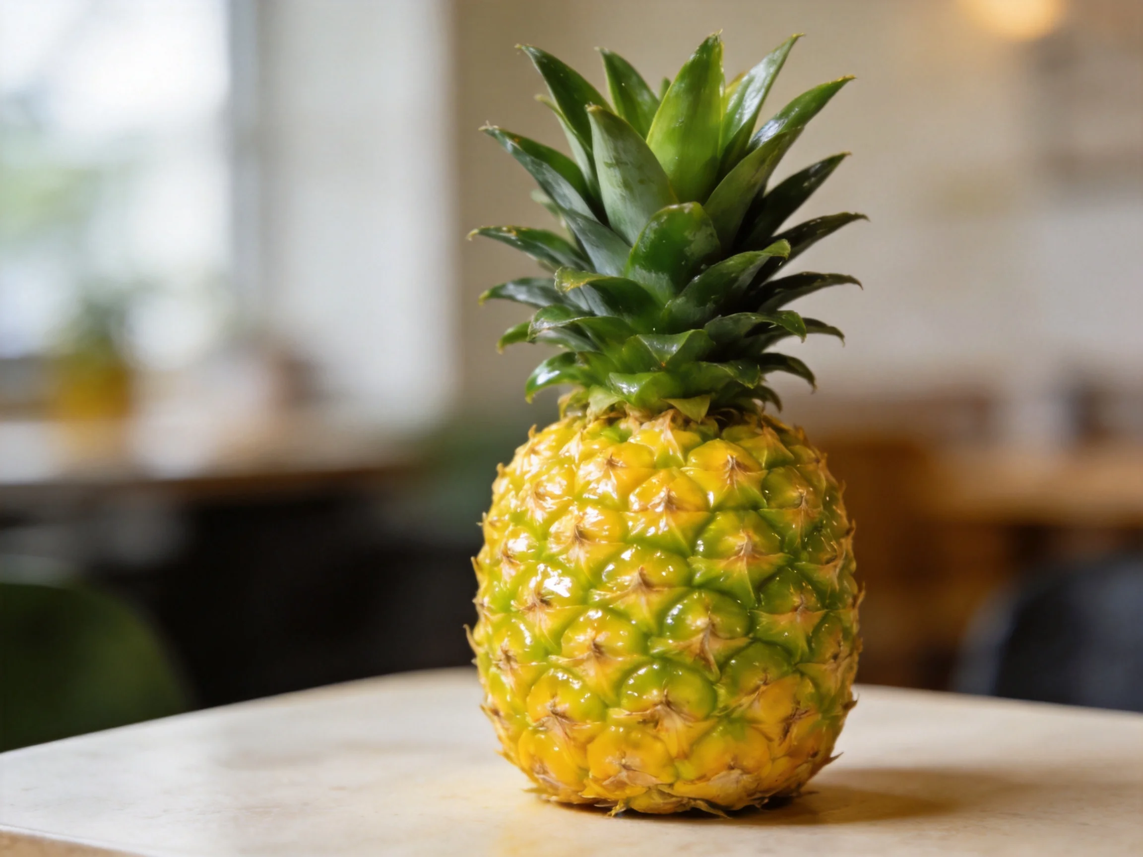 A ripe pineapple with vibrant green crown sits on a table