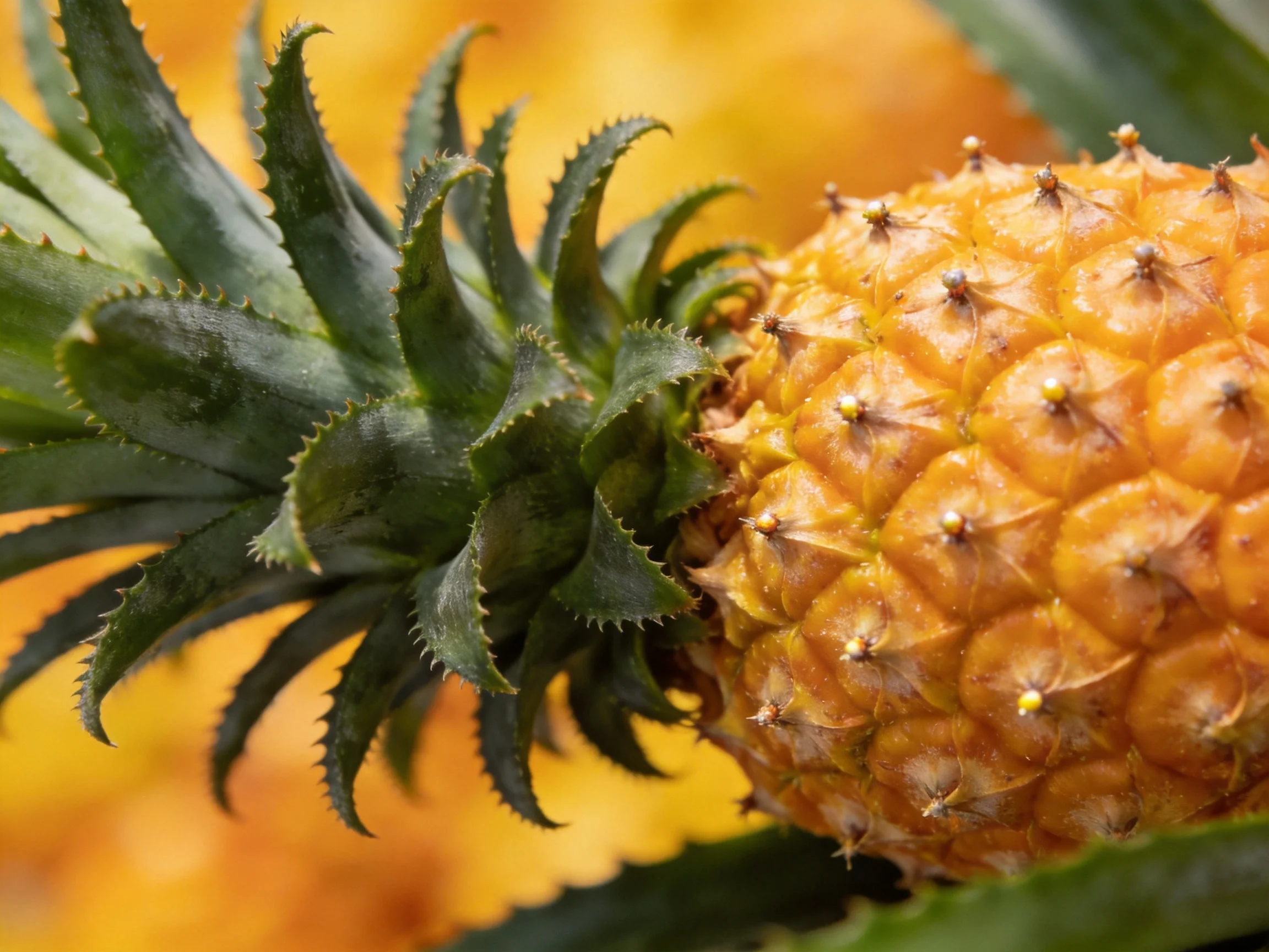 A ripe pineapple with vibrant green foliage and textured golden-yellow skin
