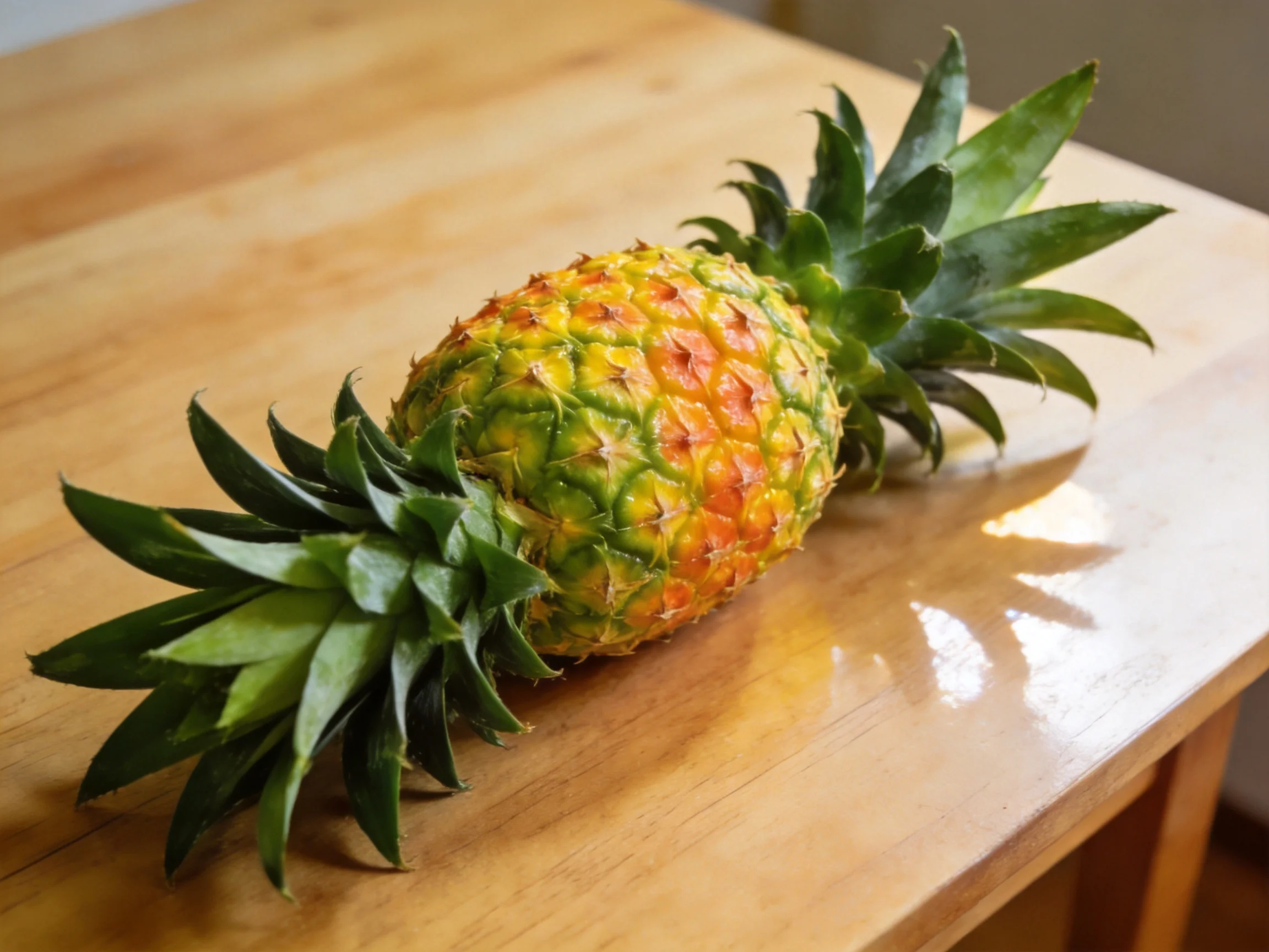 A ripe pineapple with vibrant greens and yellows rests on a polished wooden surface.