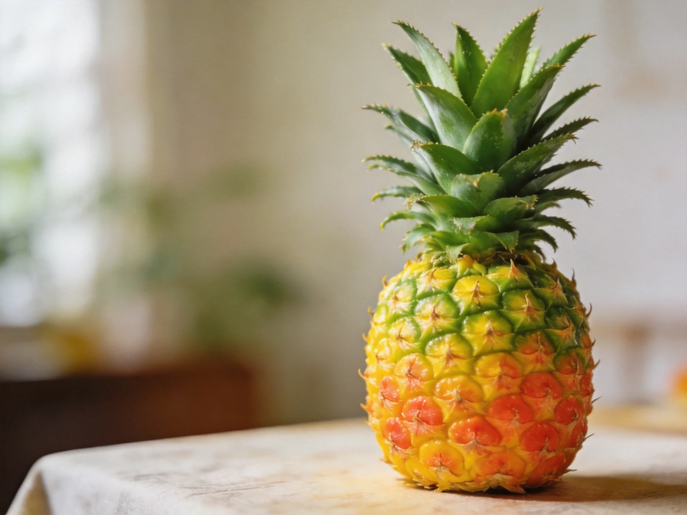 A ripe pineapple with vibrant yellow-orange skin and spiky green crown sits on a white tablecloth.