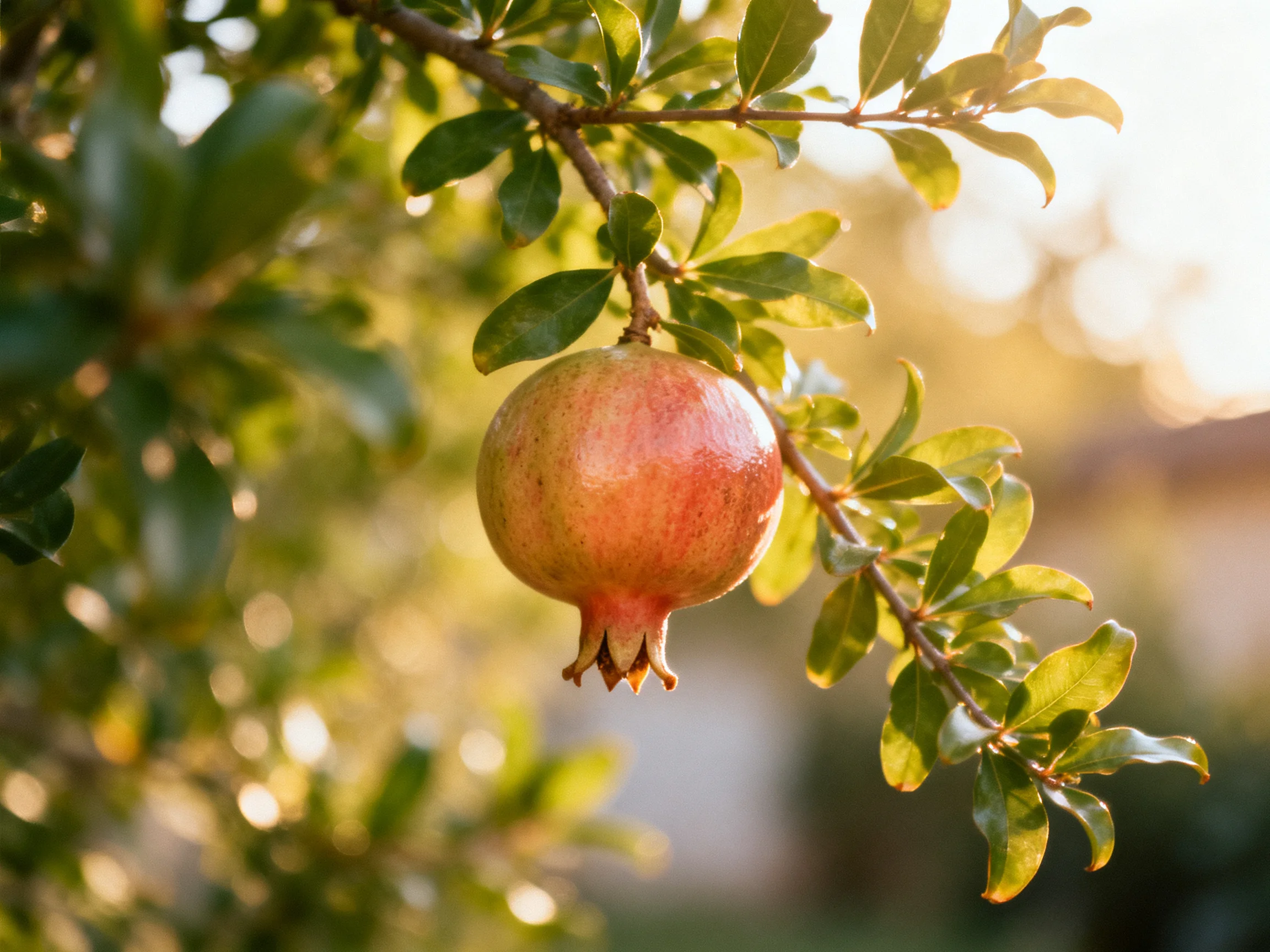 A ripe pomegranate hangs from a leafy tree branch in golden sunlight
