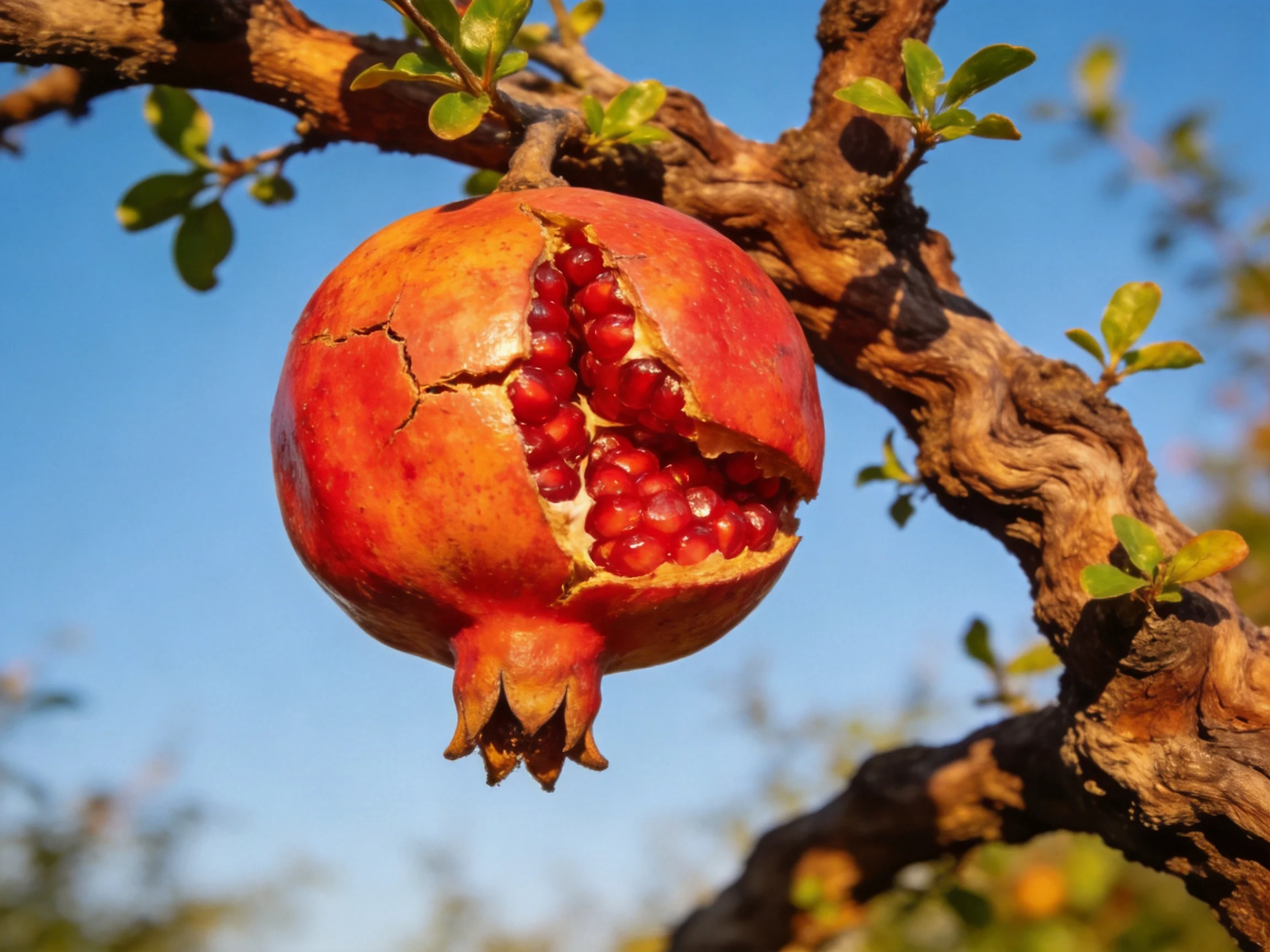 A ripe pomegranate with exposed red seeds hangs from a gnarled tree branch