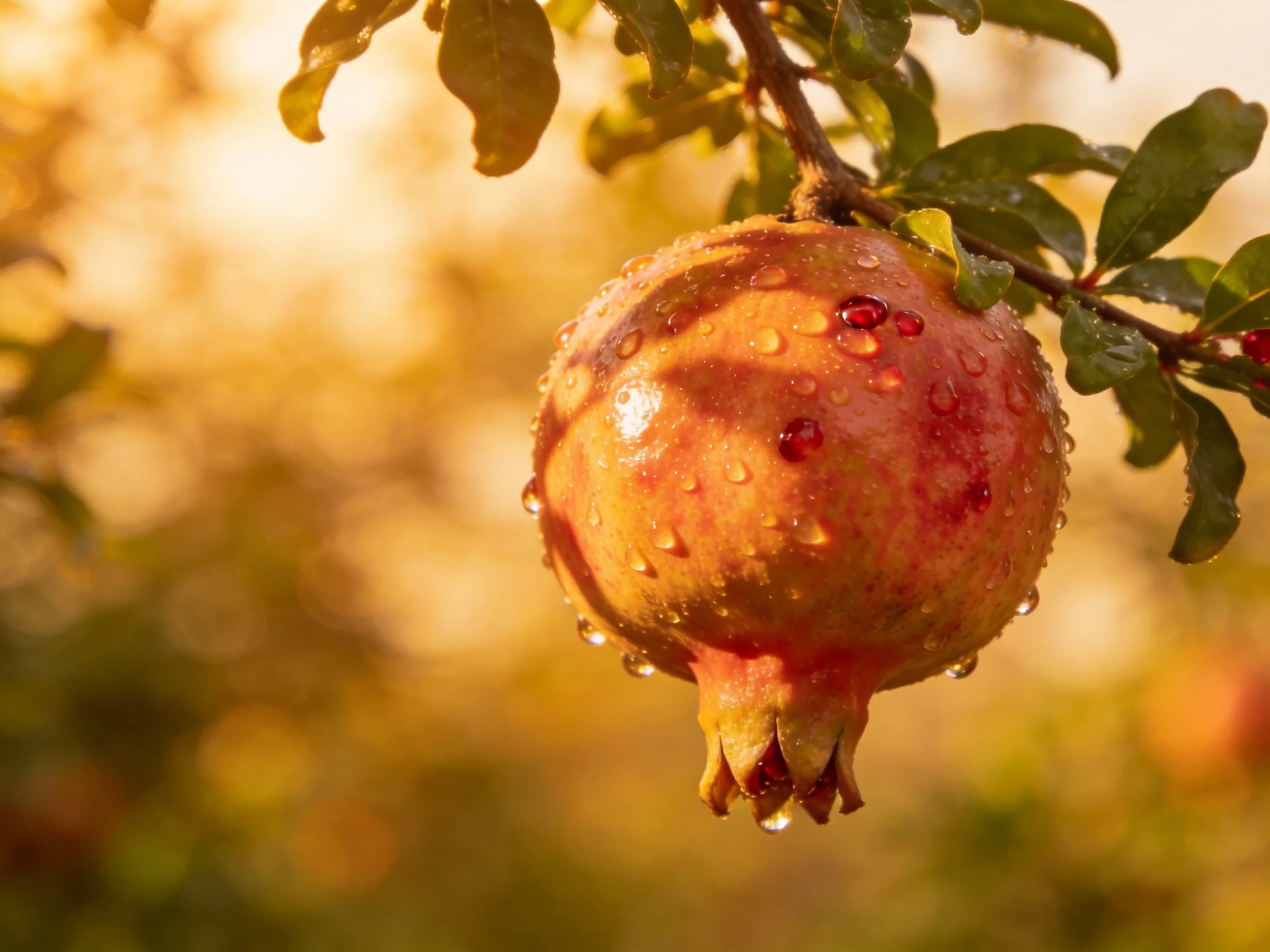 A ripe pomegranate with glistening droplets hangs from a leafy branch.