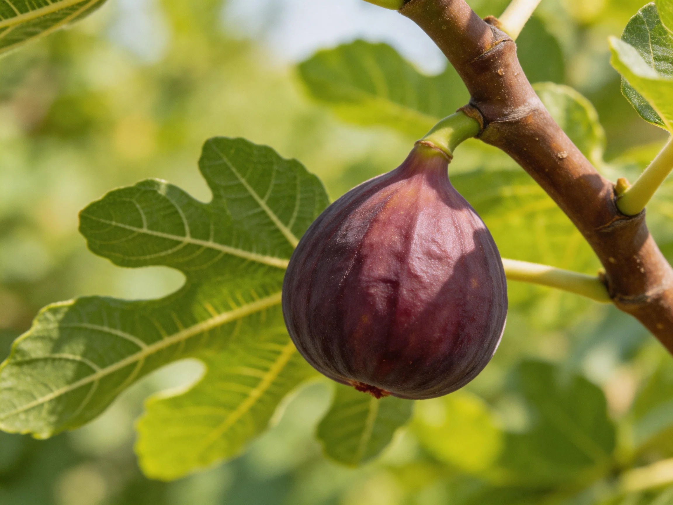 A ripe purple fig dangles from a brown tree branch with broad green leaves