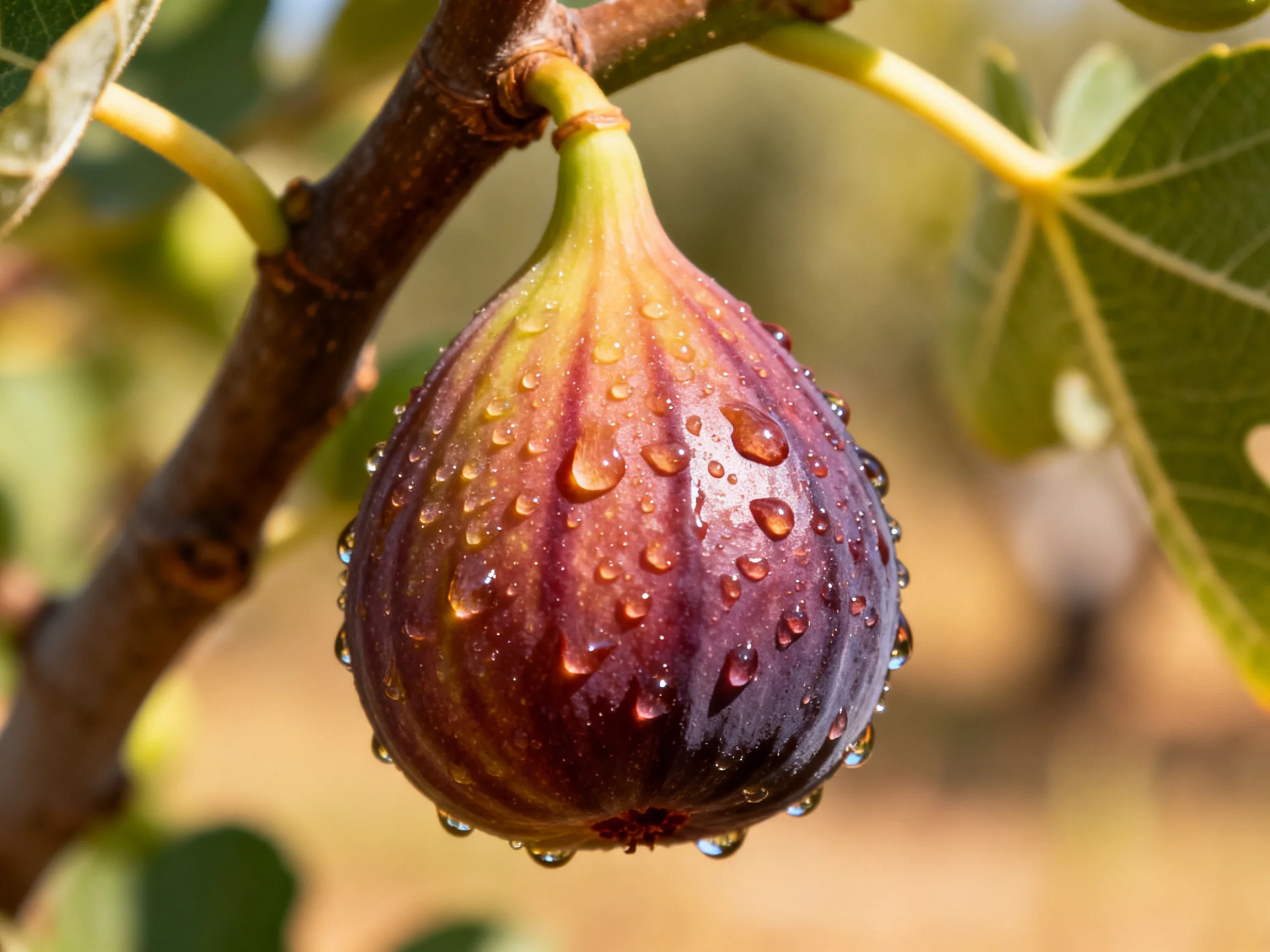 A ripe purple fig with glistening water droplets hangs from a branch.