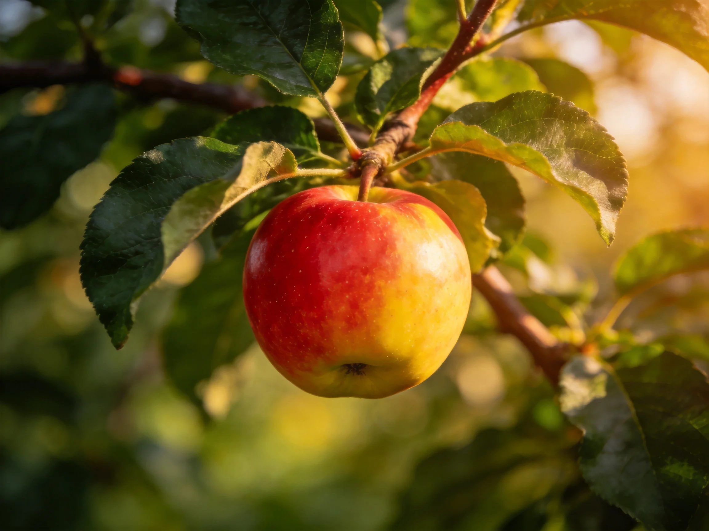 A ripe red and yellow apple hangs from a tree branch among green leaves
