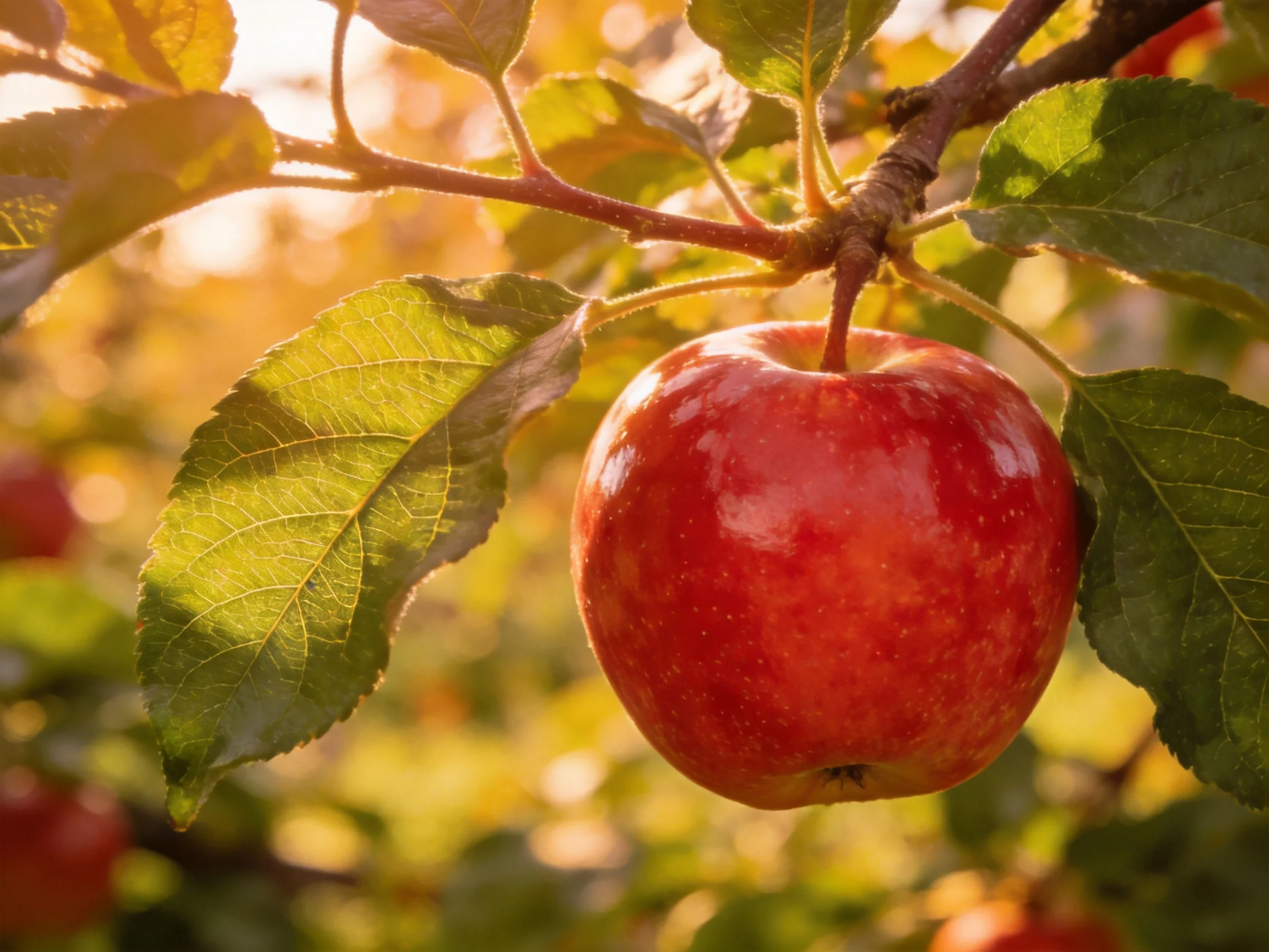 A ripe red apple hangs from a tree branch amid green foliage
