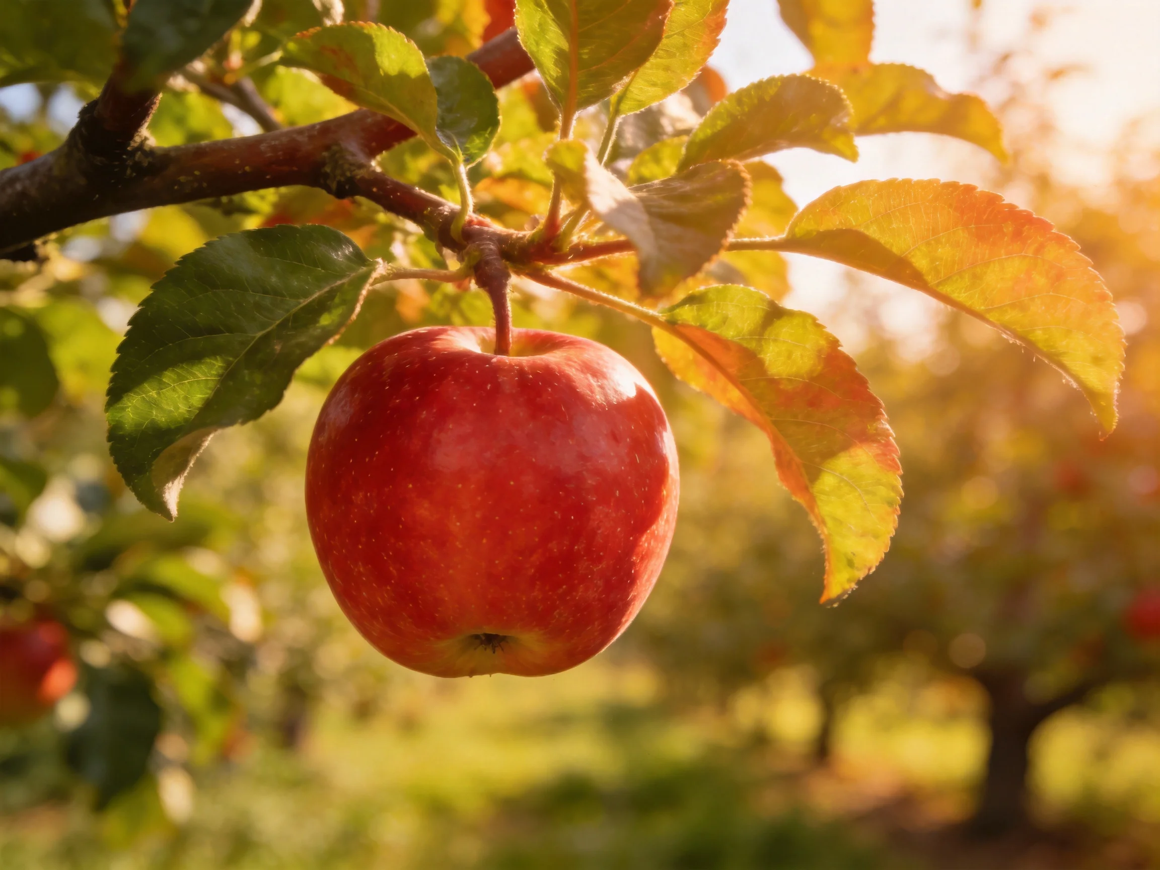 A ripe red apple hangs from a tree branch in a sunlit orchard
