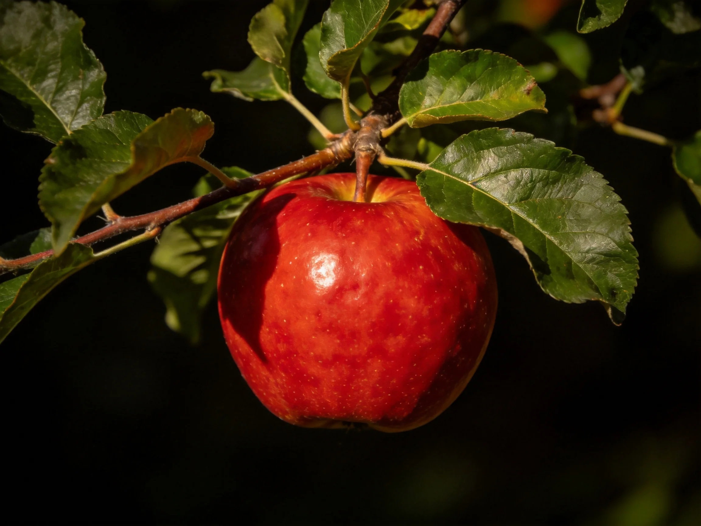 A ripe red apple hangs from a tree branch with green leaves