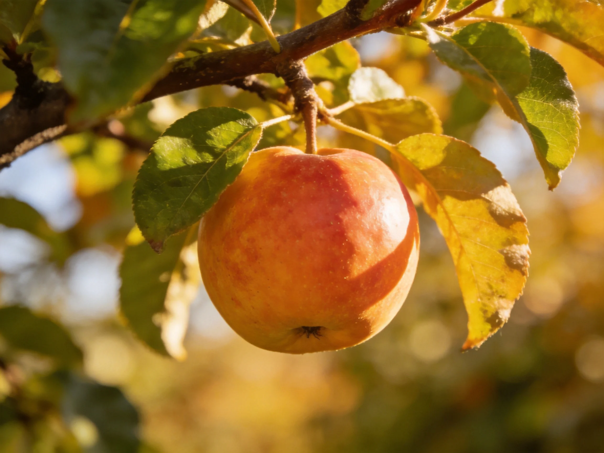 A ripe red-orange apple hangs from a tree branch amid green and golden leaves