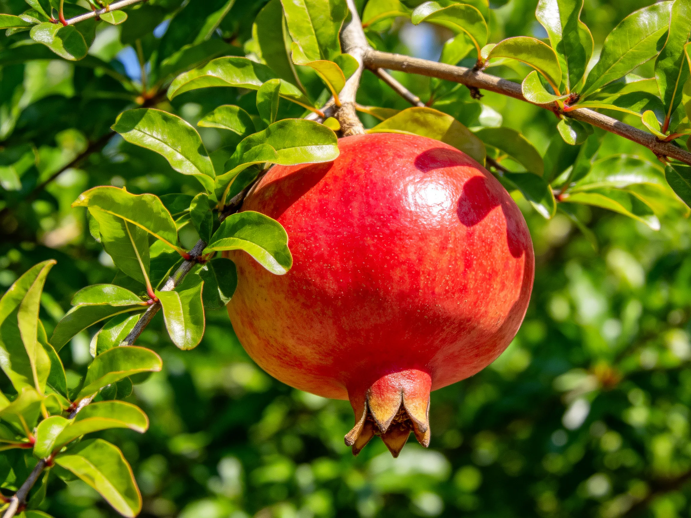 A ripe red pomegranate hangs among lush green foliage on a branch