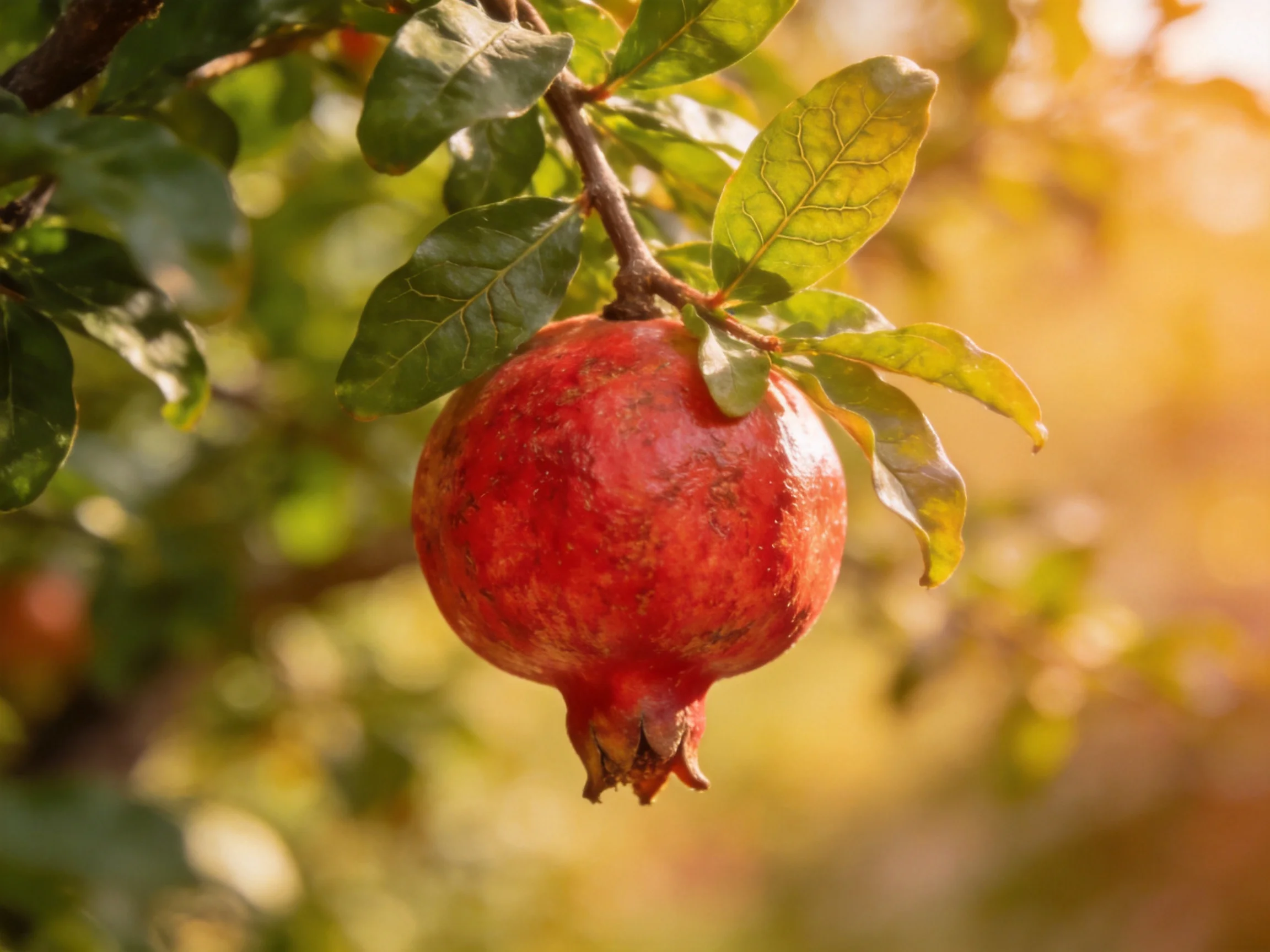 A ripe red pomegranate hangs from a leafy branch in golden sunlight