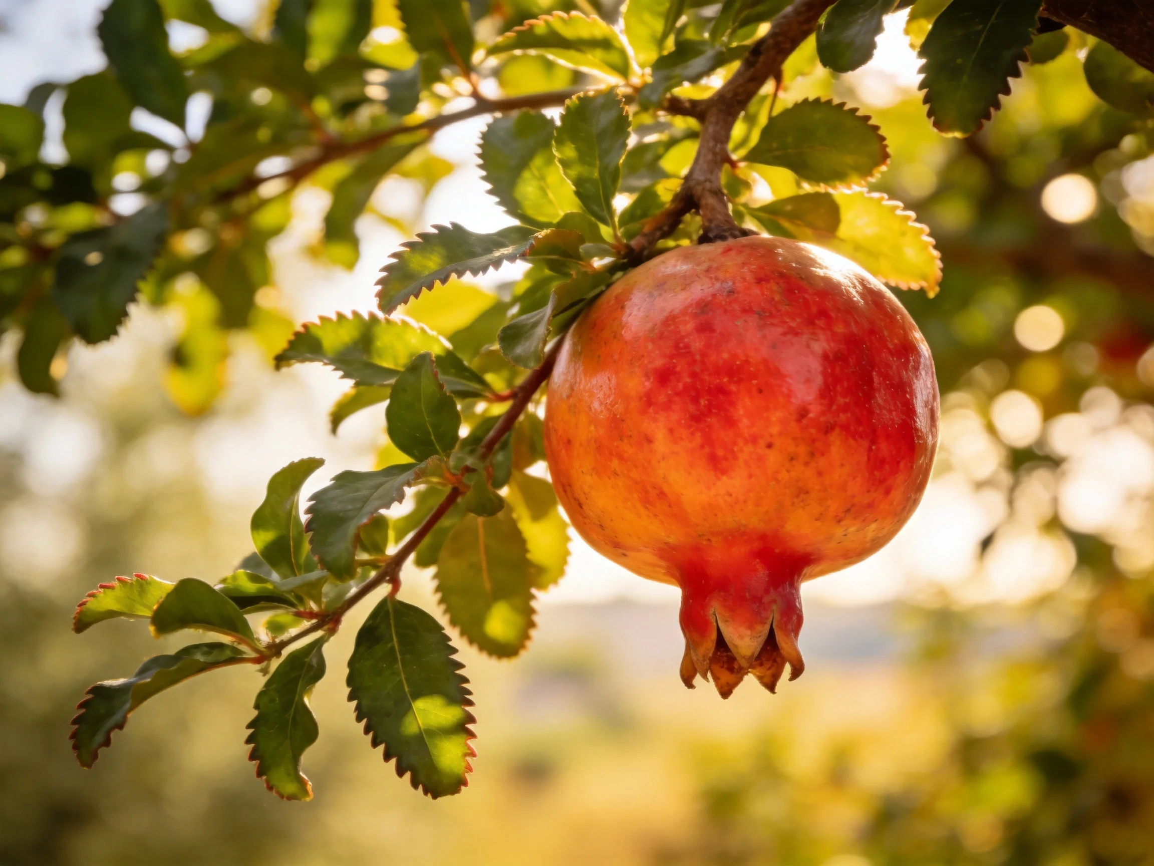 A ripe red pomegranate hangs from a leafy tree branch in golden sunlight.