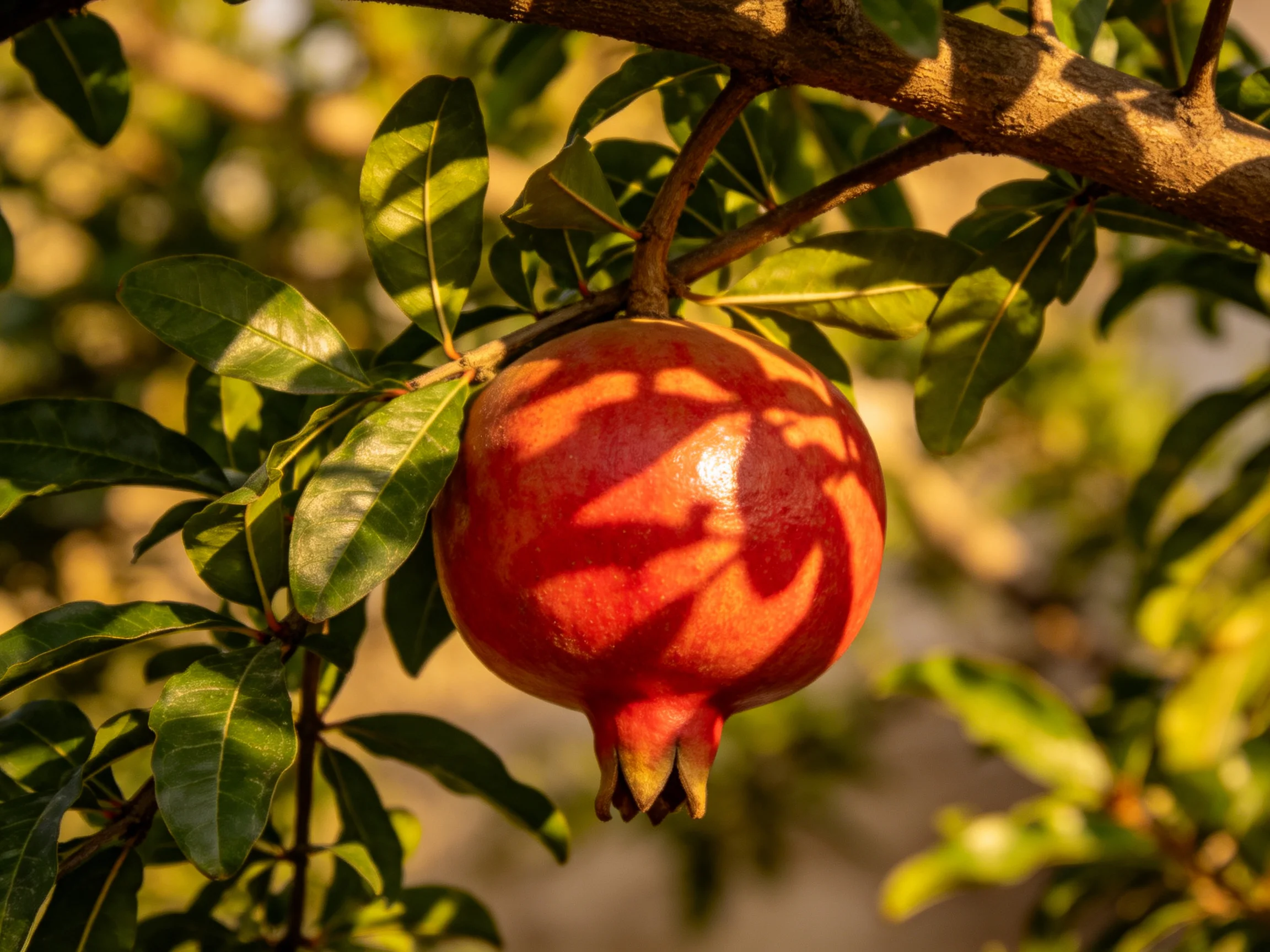A ripe red pomegranate hangs from a leafy tree branch