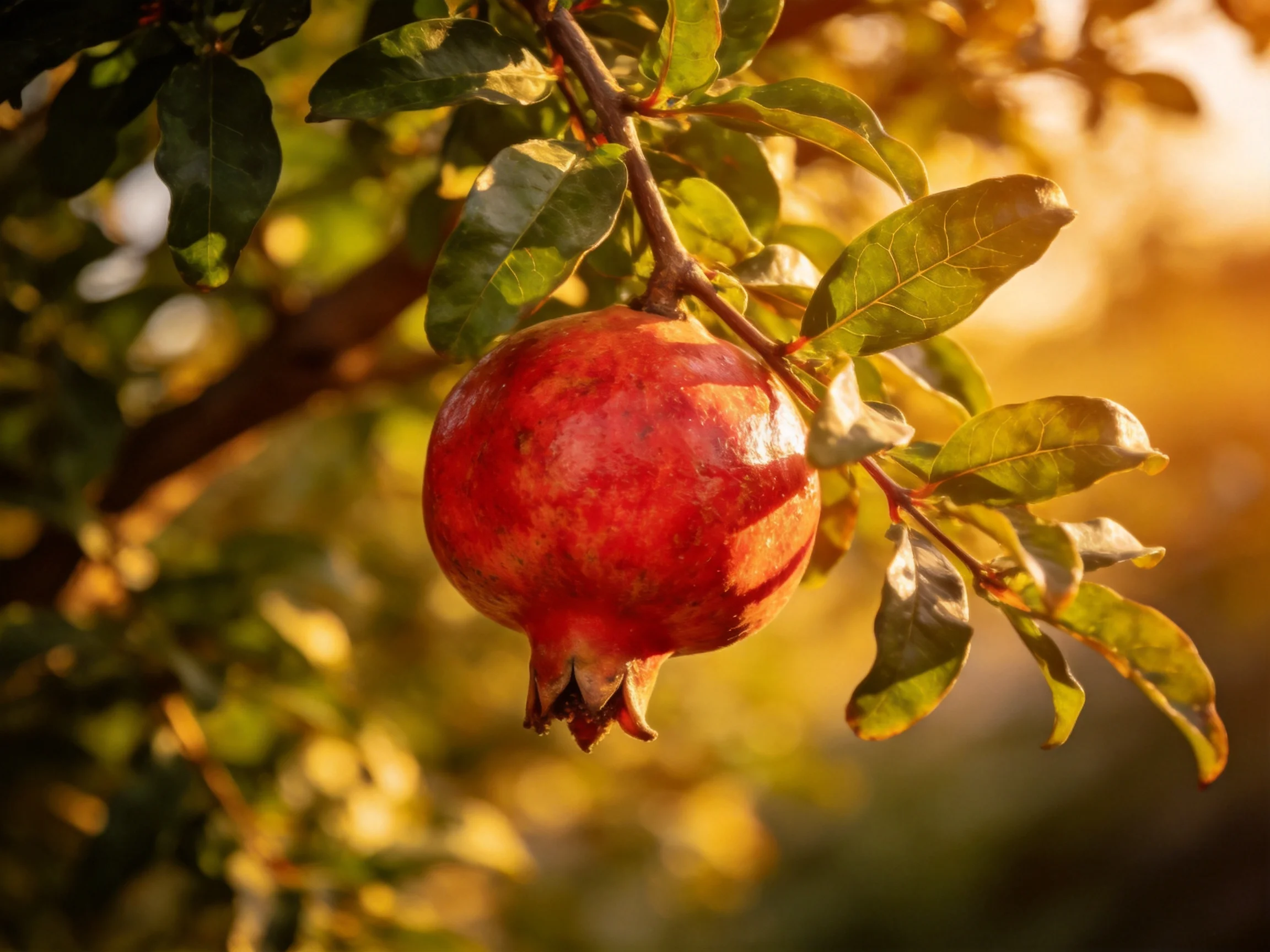 A ripe red pomegranate hangs from a tree branch