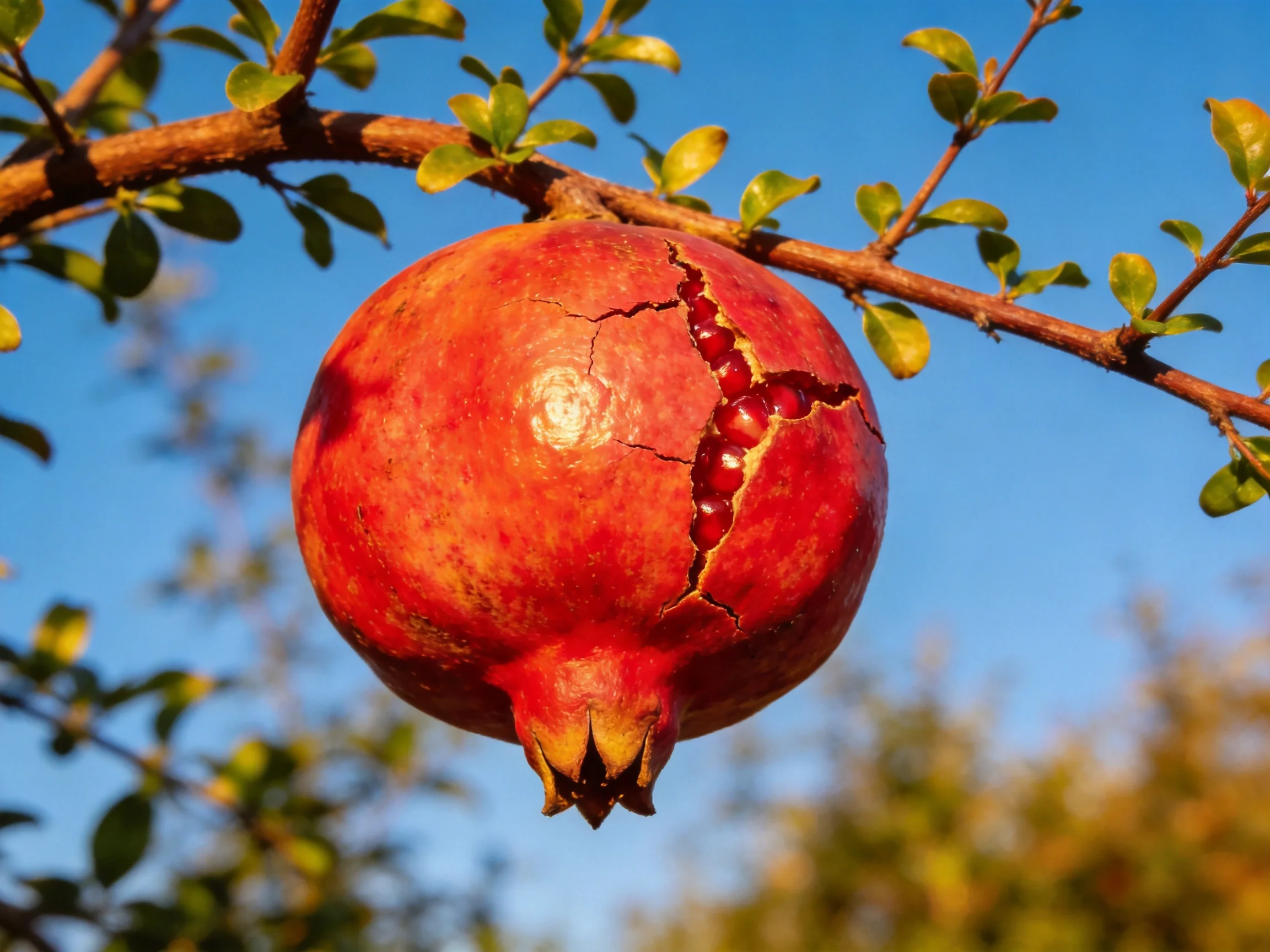 A ripe red pomegranate with a split hangs from a tree branch