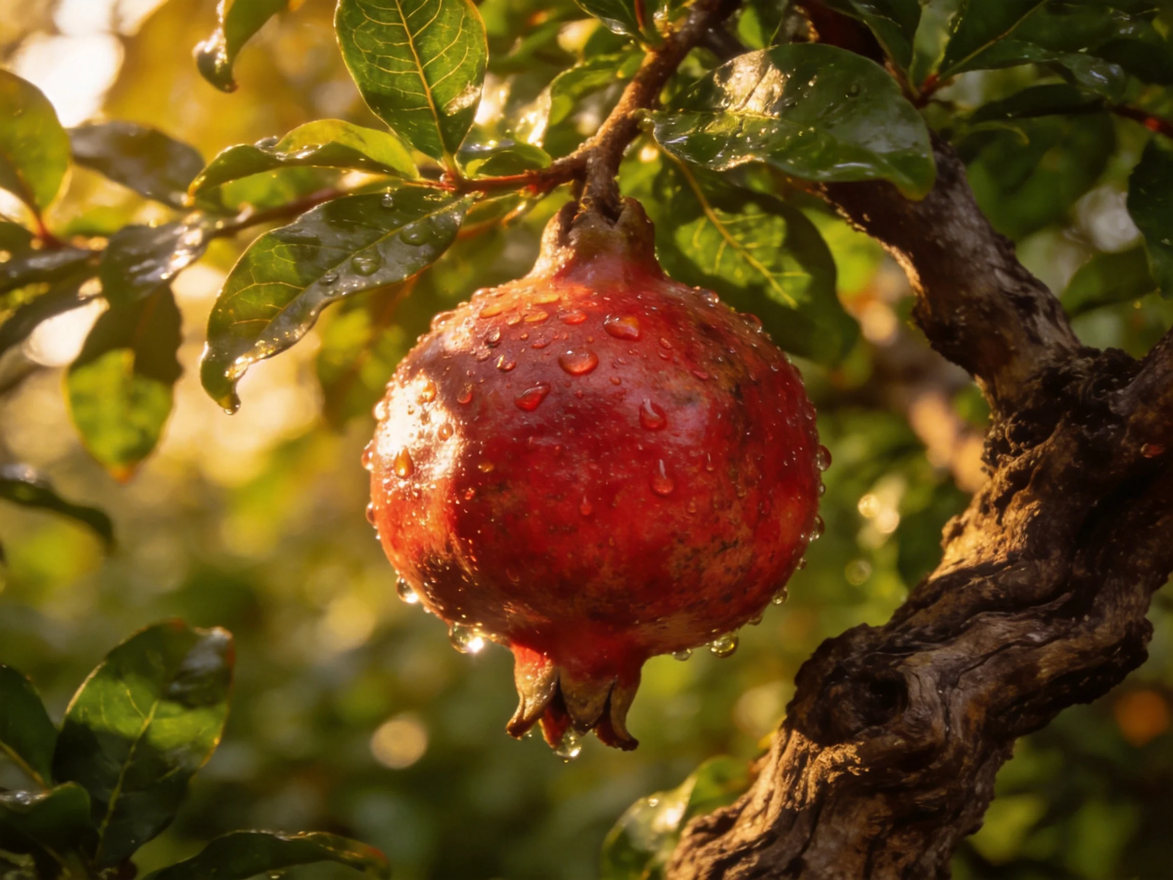 A ripe red pomegranate with water droplets hangs from a gnarled tree branch