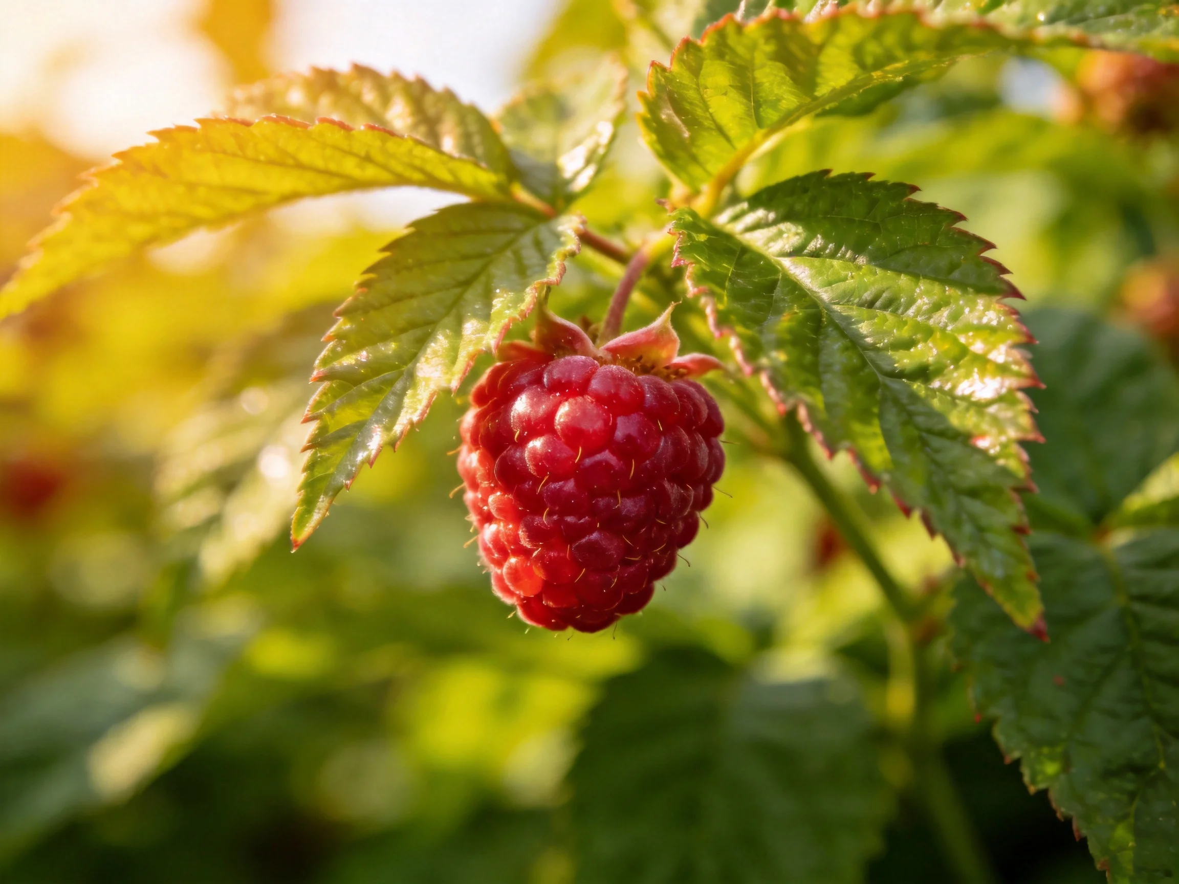 A ripe red raspberry hangs among vibrant green foliage in soft sunlight