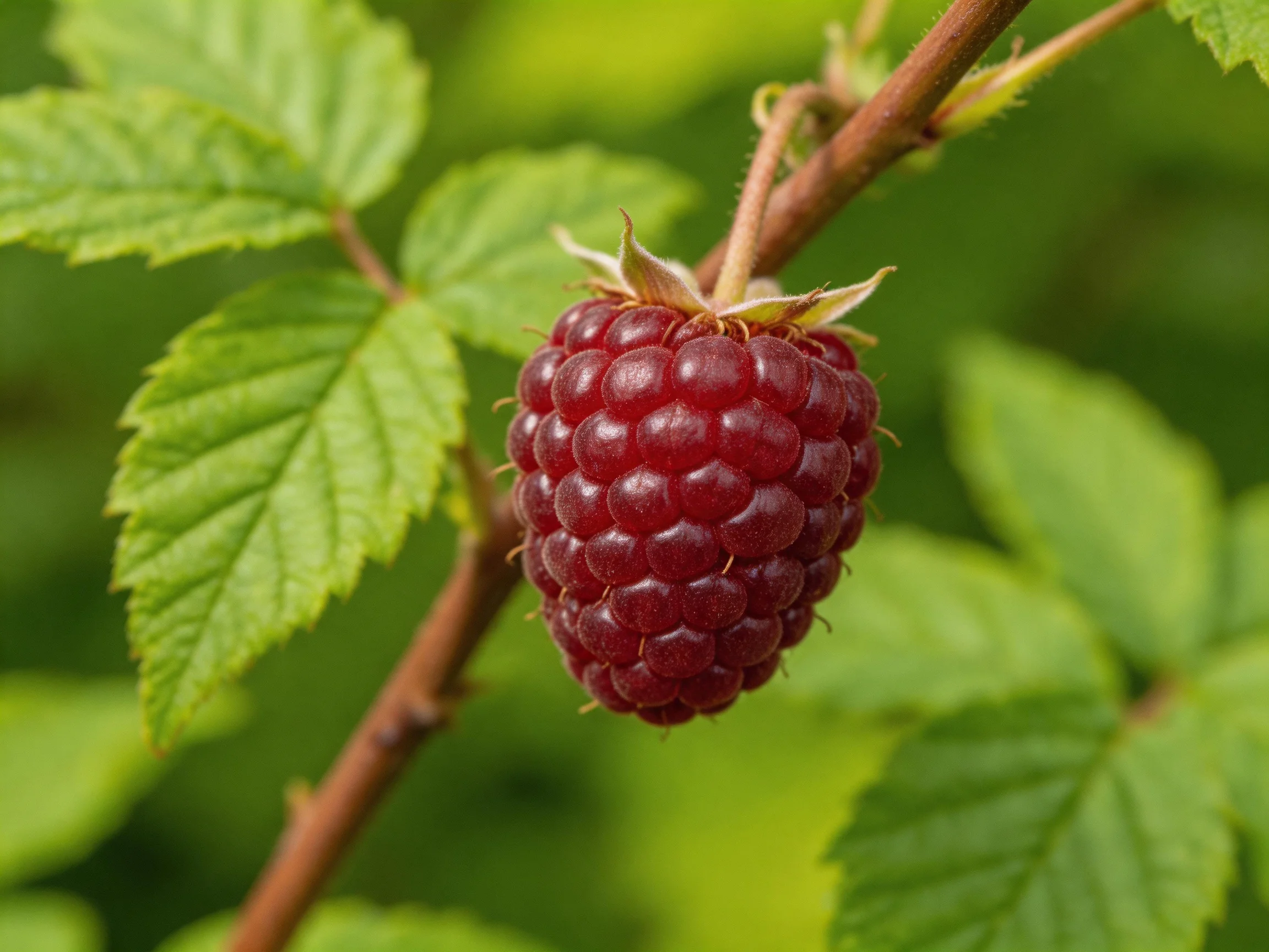 A ripe red raspberry hangs from a brown branch amid lush green foliage