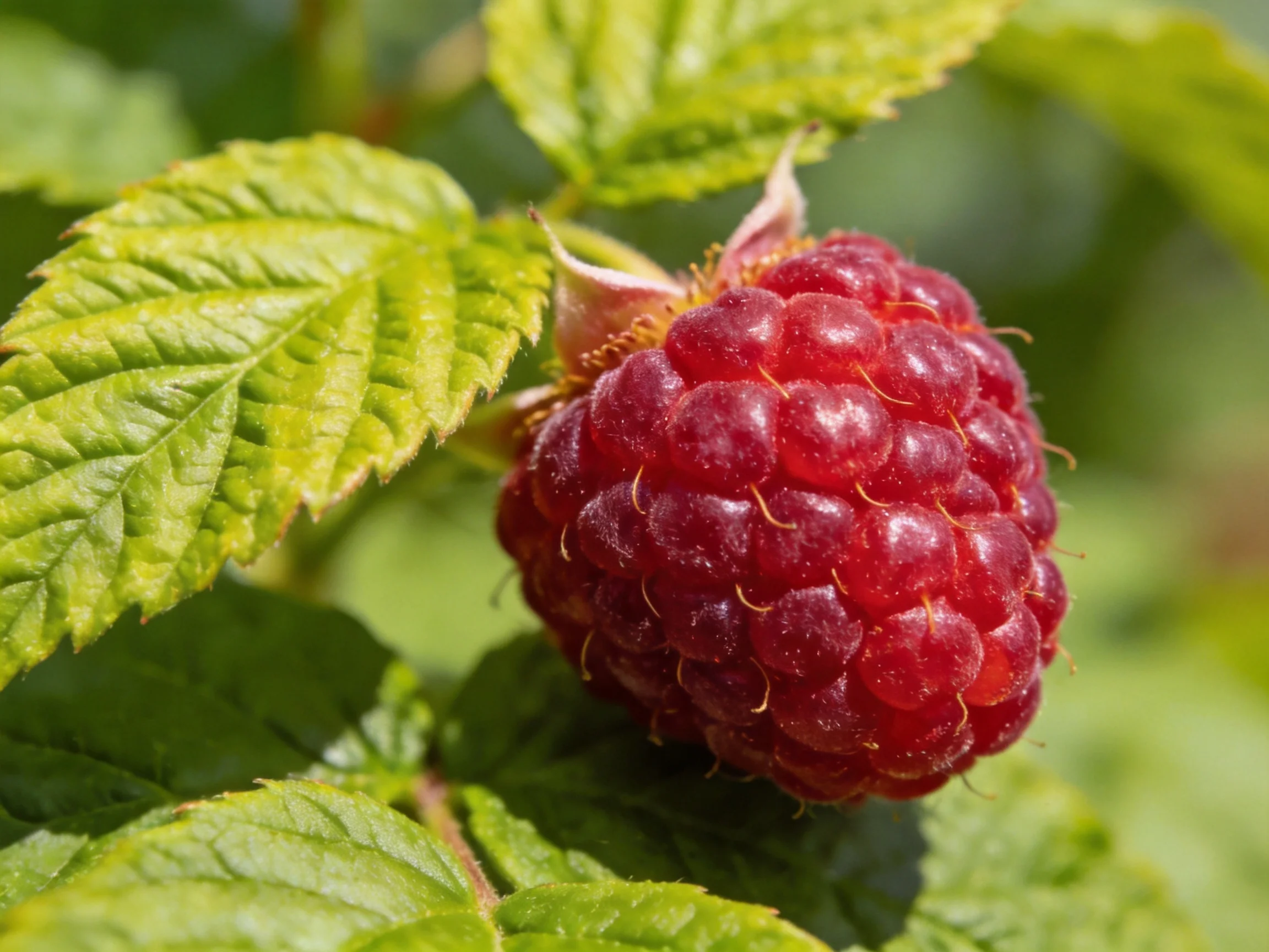 A ripe red raspberry nestled among lush green leaves