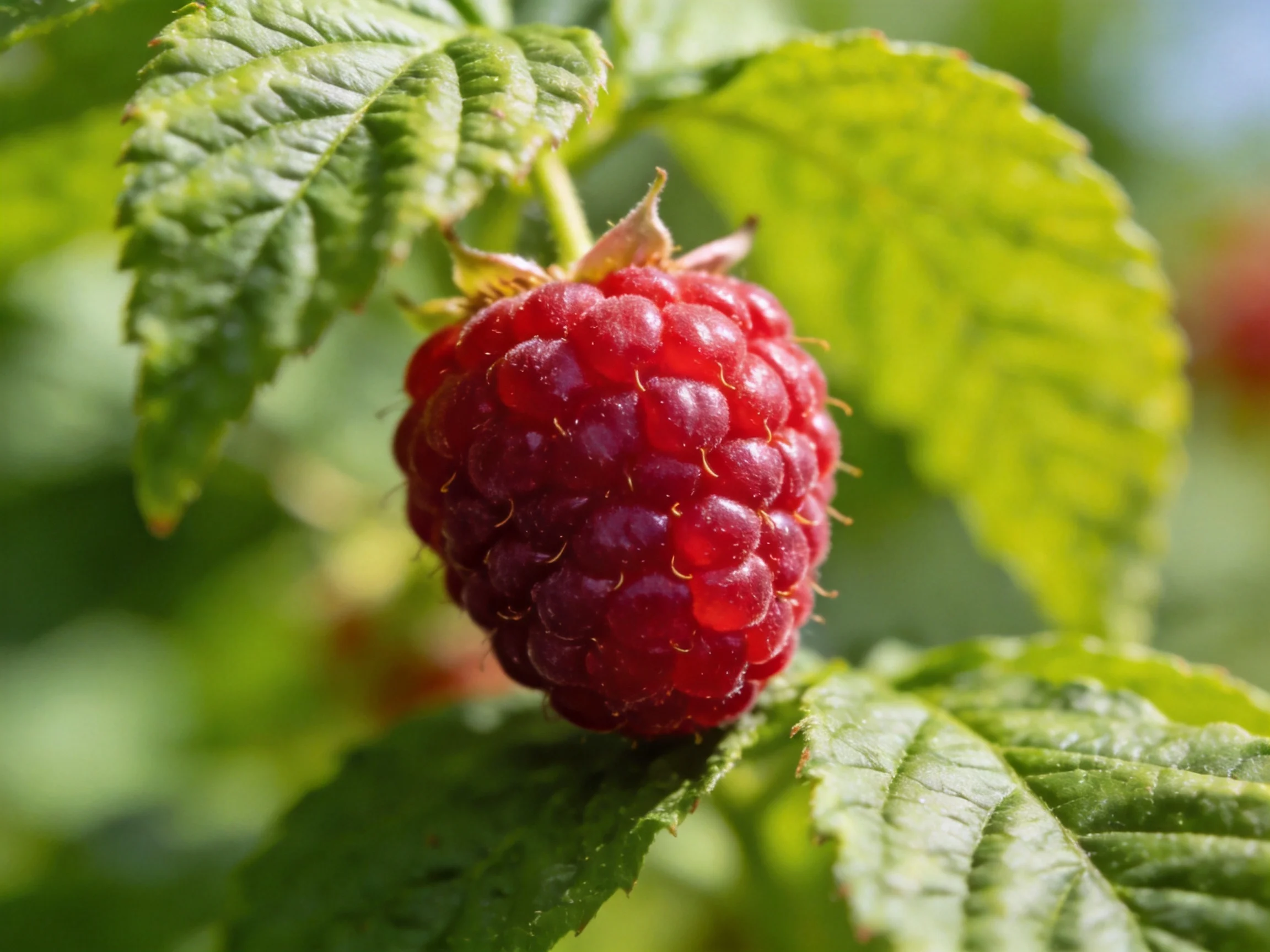A ripe red raspberry surrounded by vibrant green leaves