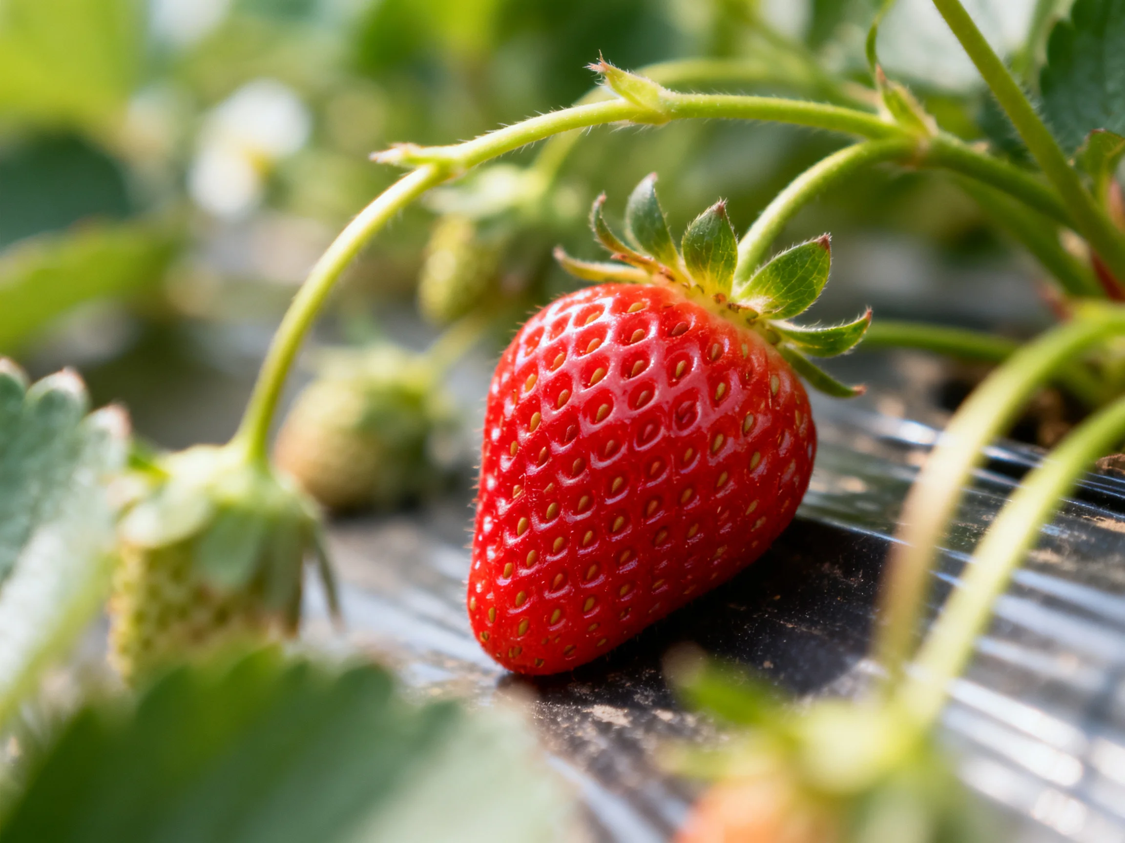 A ripe red strawberry amidst green foliage and unripe berries
