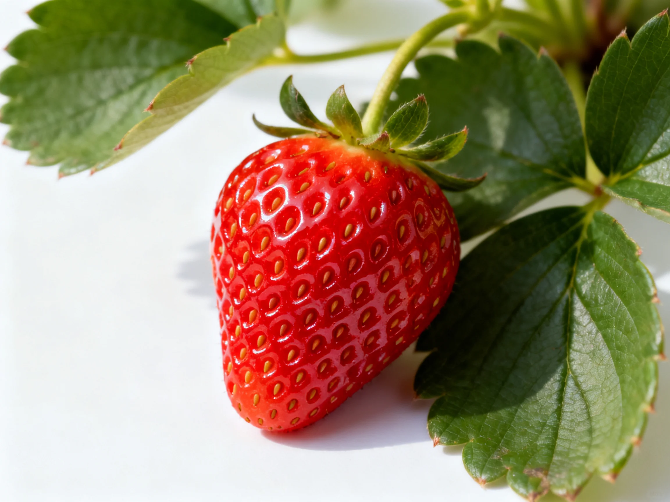 A ripe red strawberry attached to lush green foliage