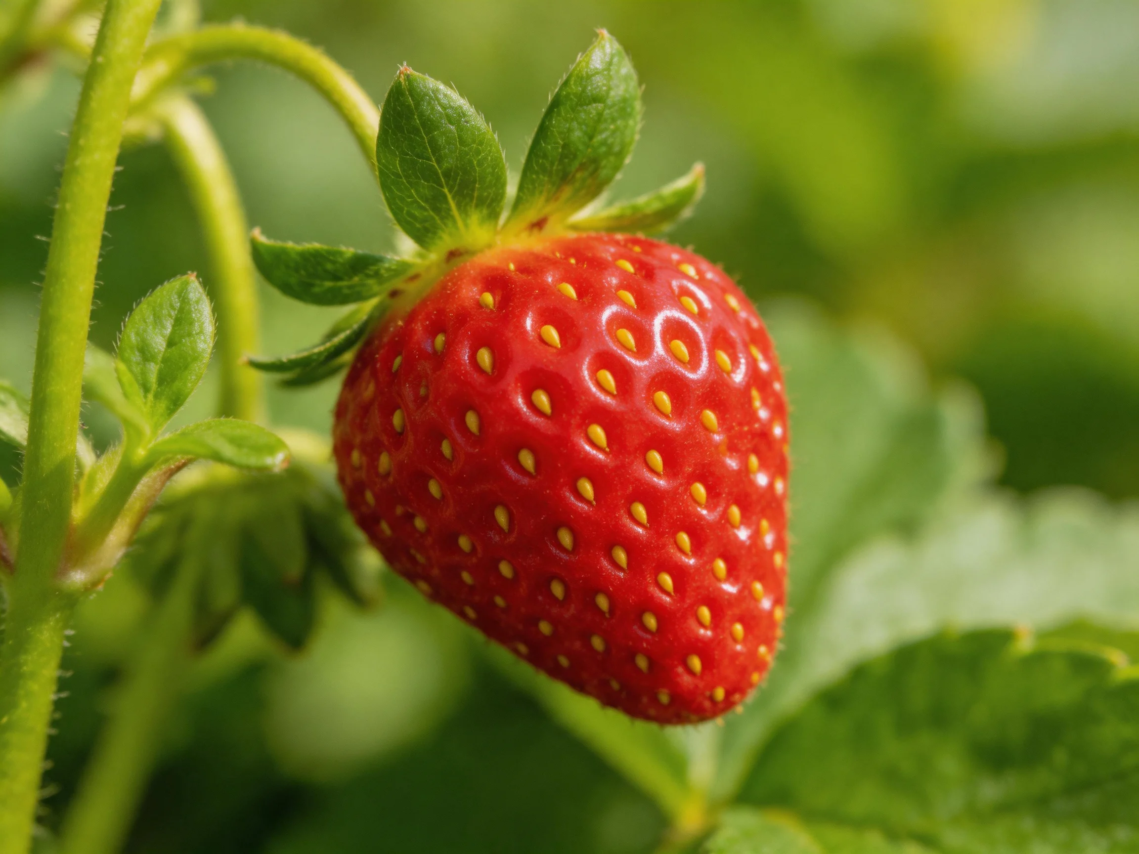 A ripe red strawberry grows on a green plant stem
