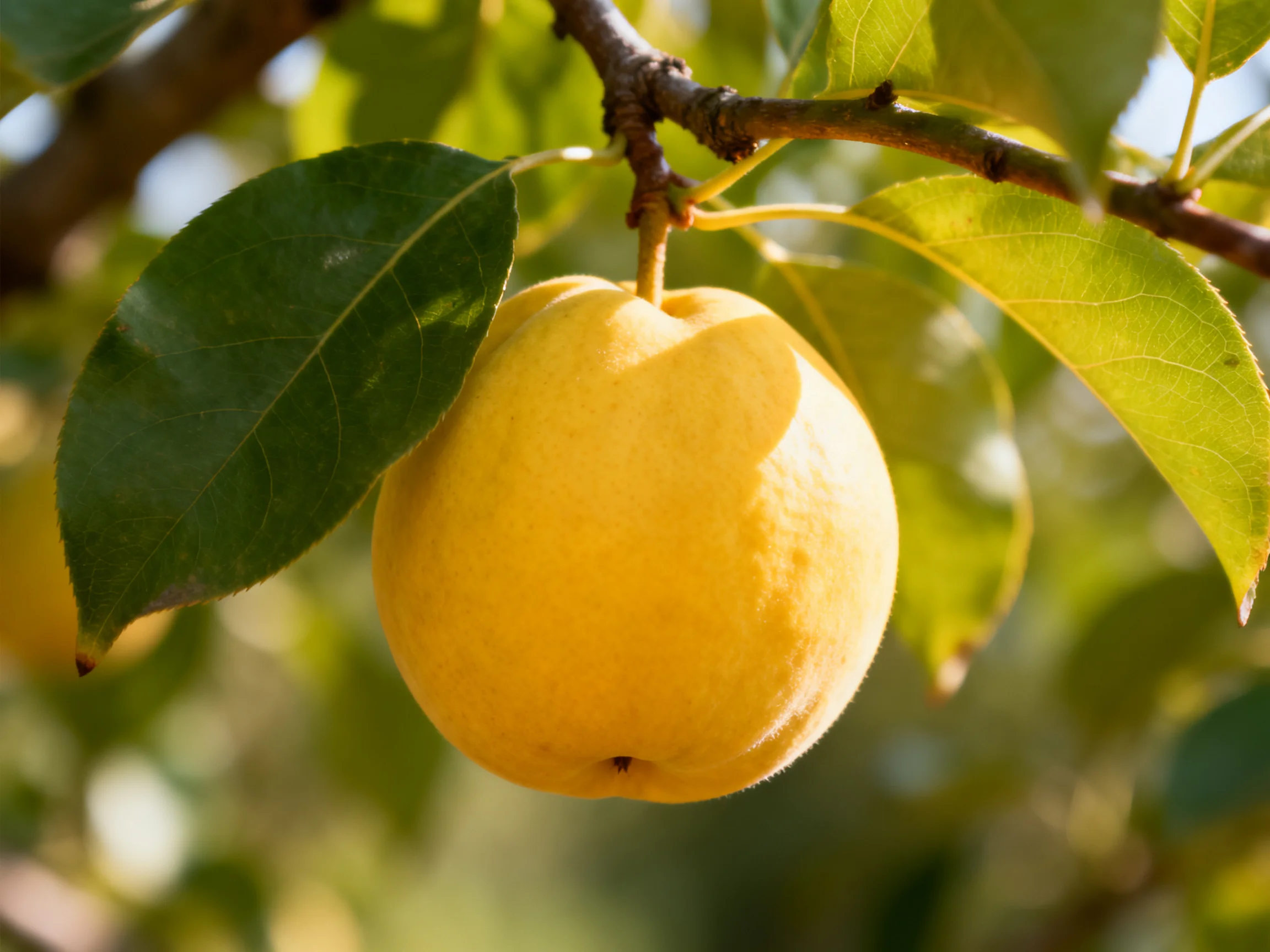 A ripe yellow fruit hangs from a leafy tree branch