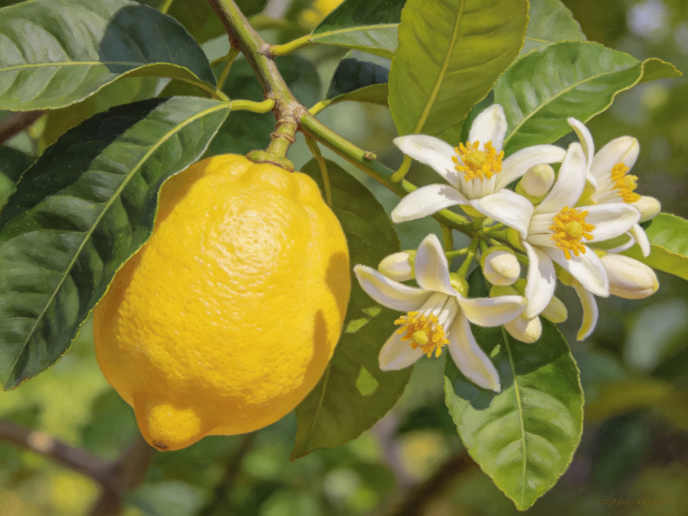 A ripe yellow lemon hangs beside white citrus blossoms with lush green foliage