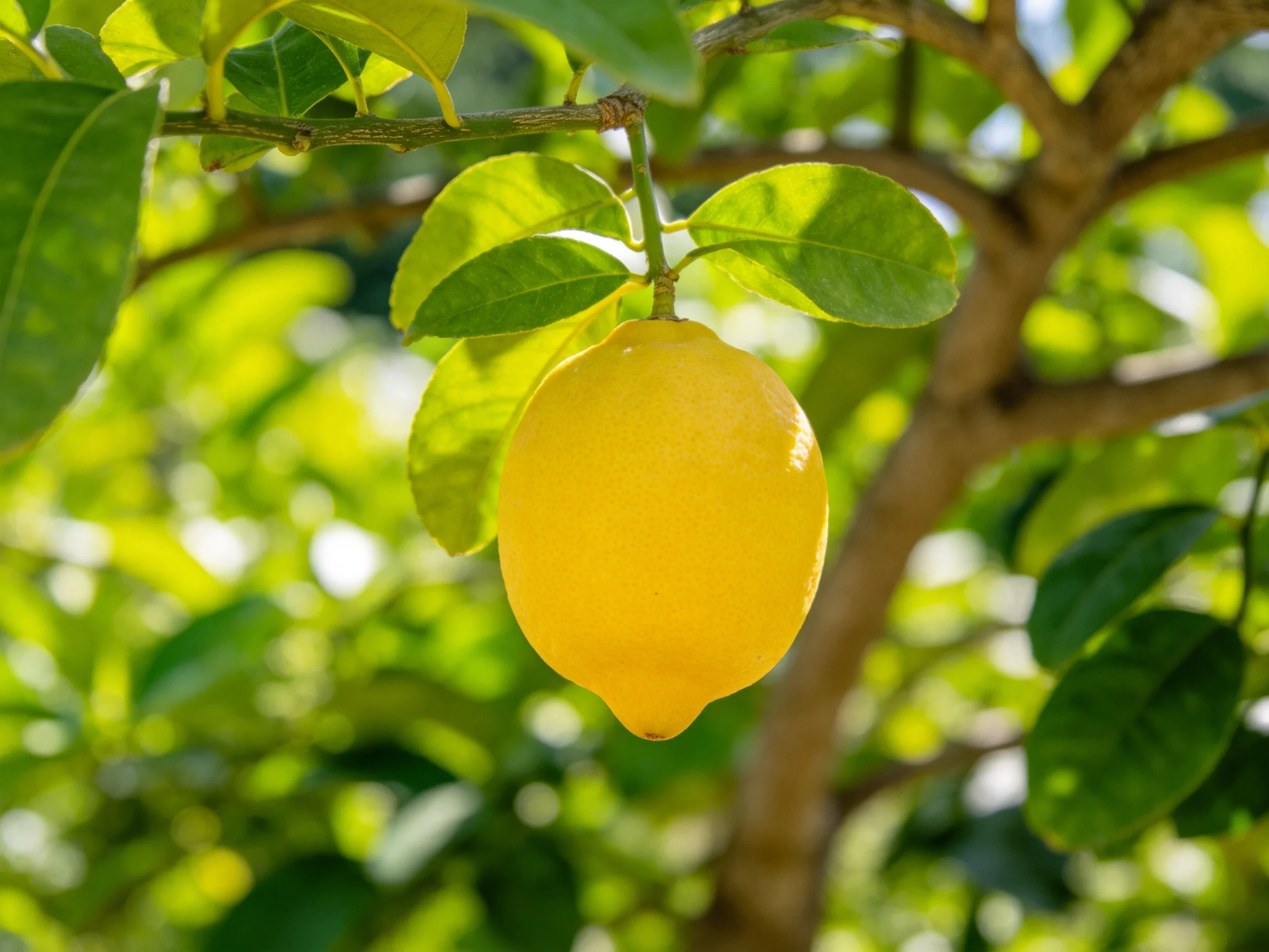 A ripe yellow lemon hangs from a leafy citrus tree branch