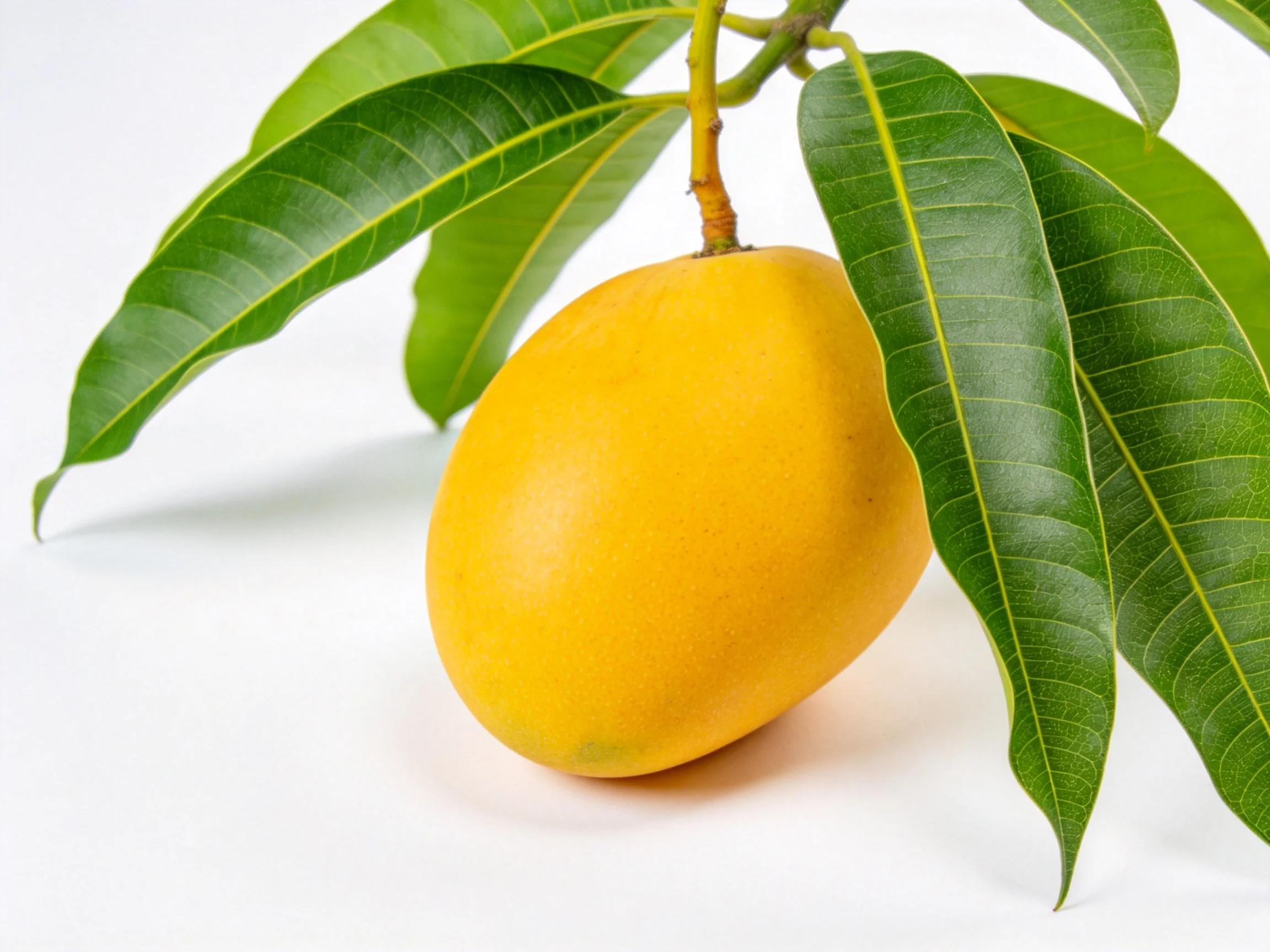 A ripe yellow mango hangs from a branch with broad green leaves