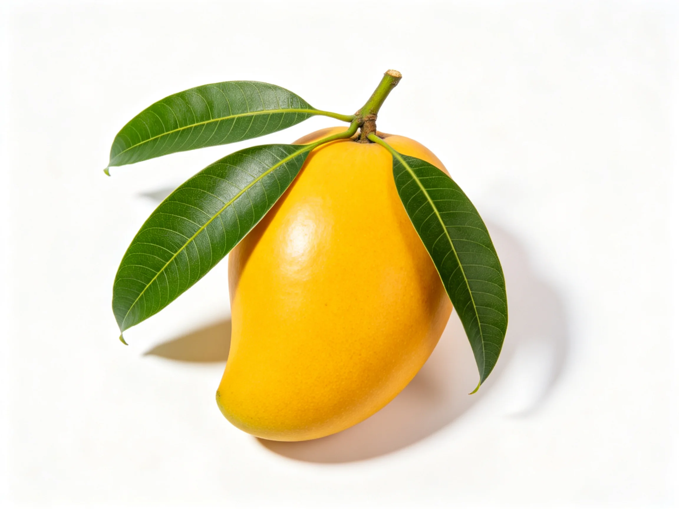 A ripe yellow mango with three glossy green leaves