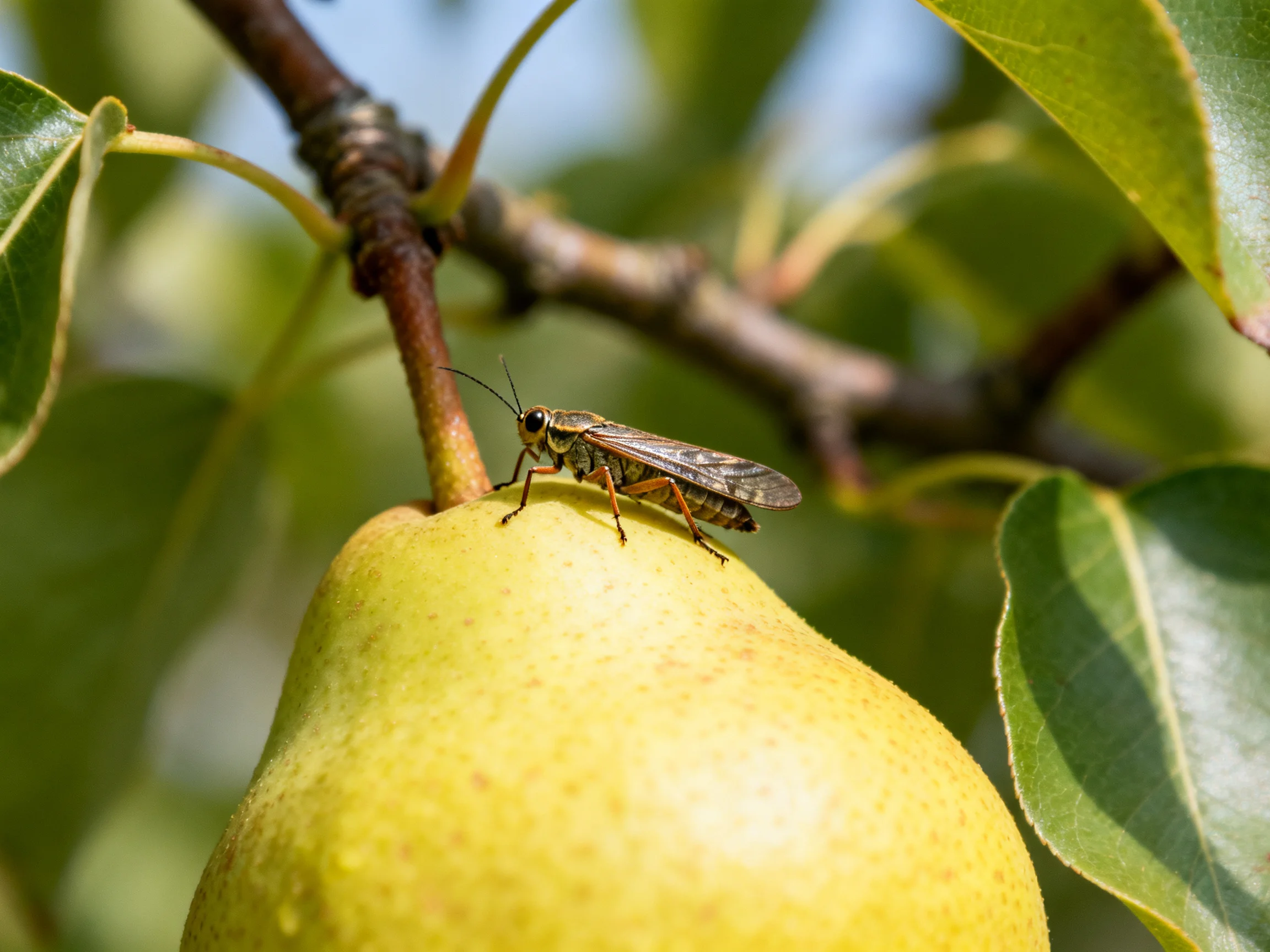 A ripe yellow pear with a brown branch and green leaves has a small insect