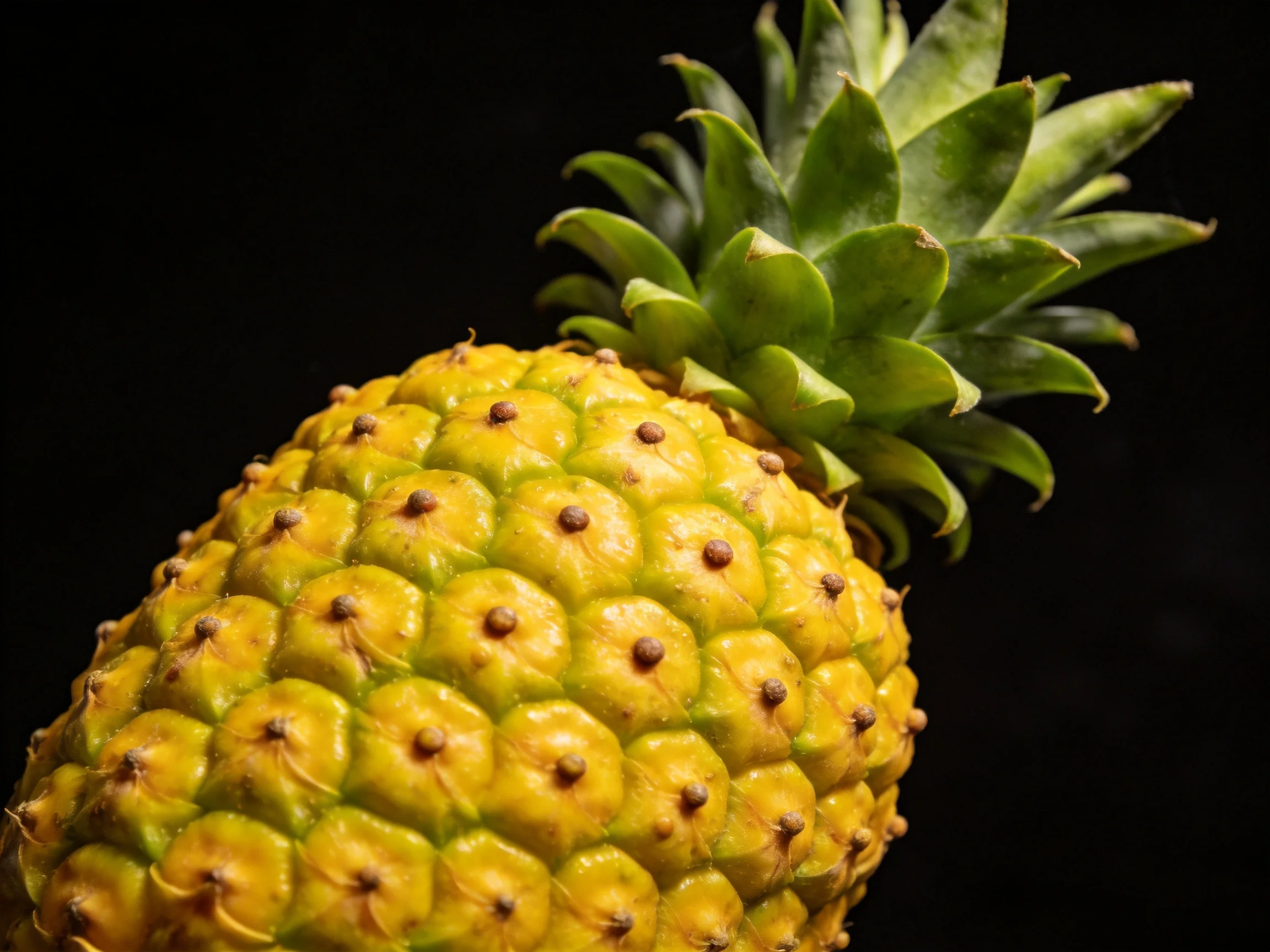 A ripe yellow pineapple with vibrant green spiky crown on a black background