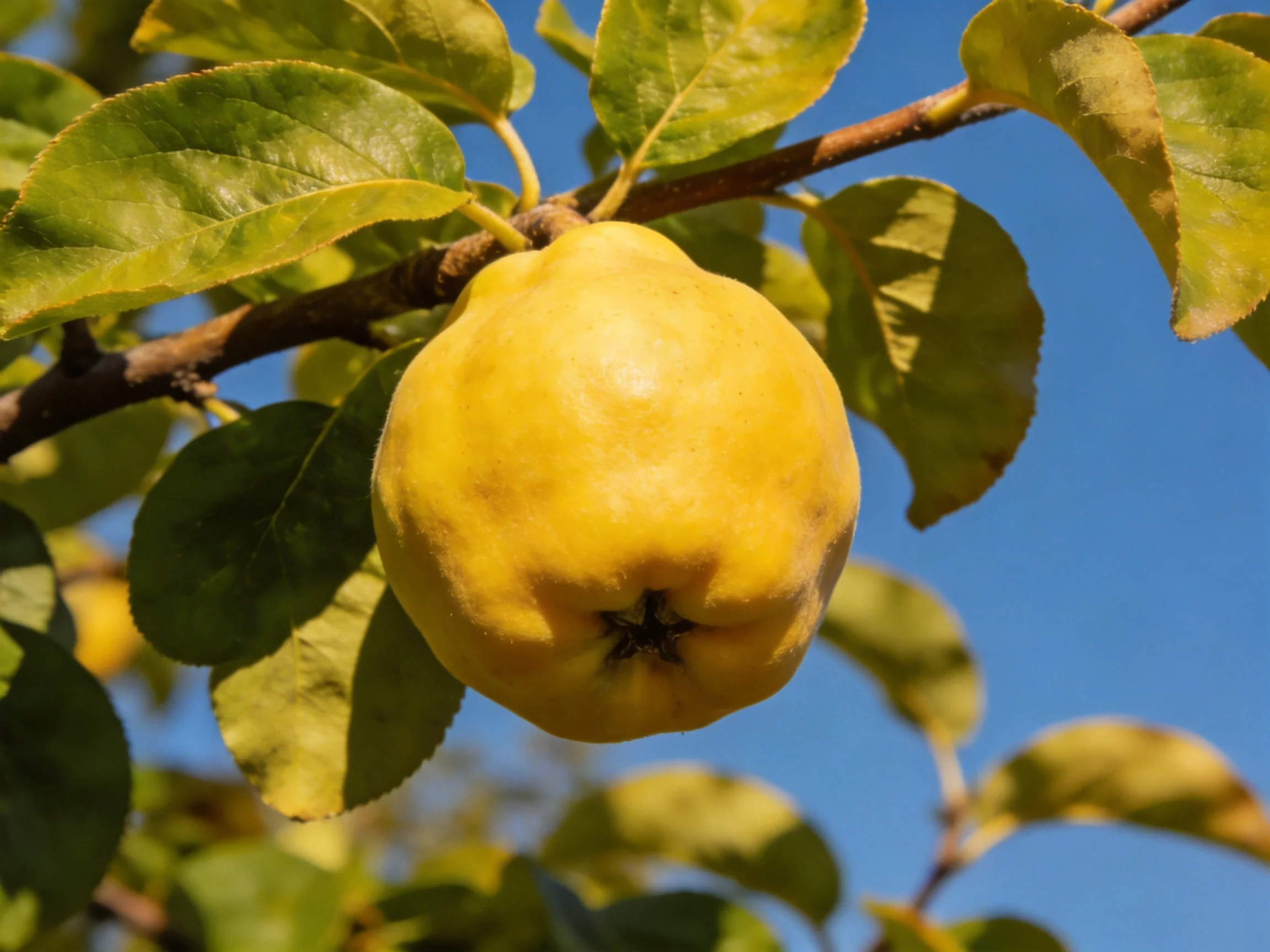 A ripe yellow quince hangs from a branch amid green foliage