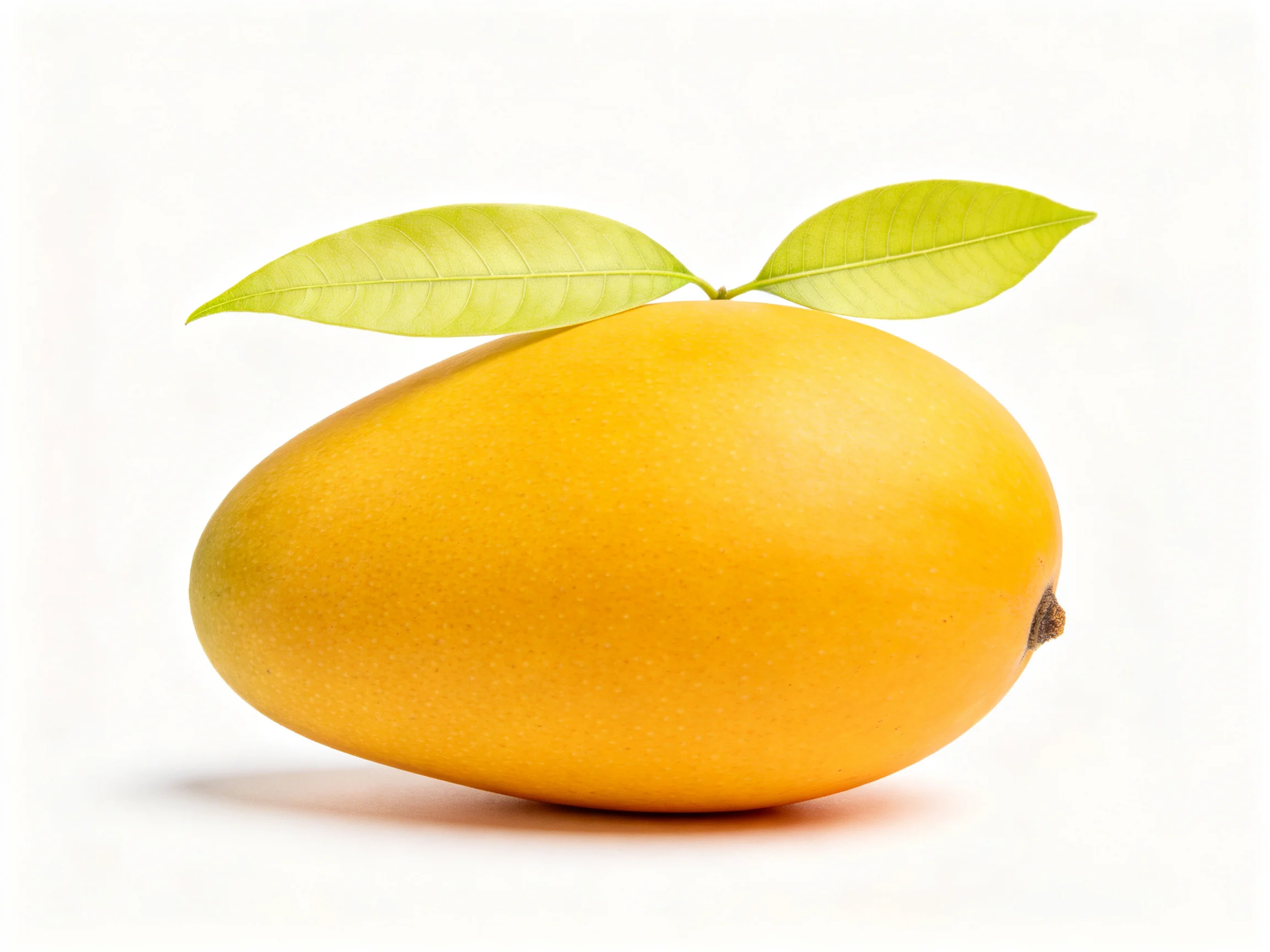 A ripe yellowmango with two green leaves on a white background