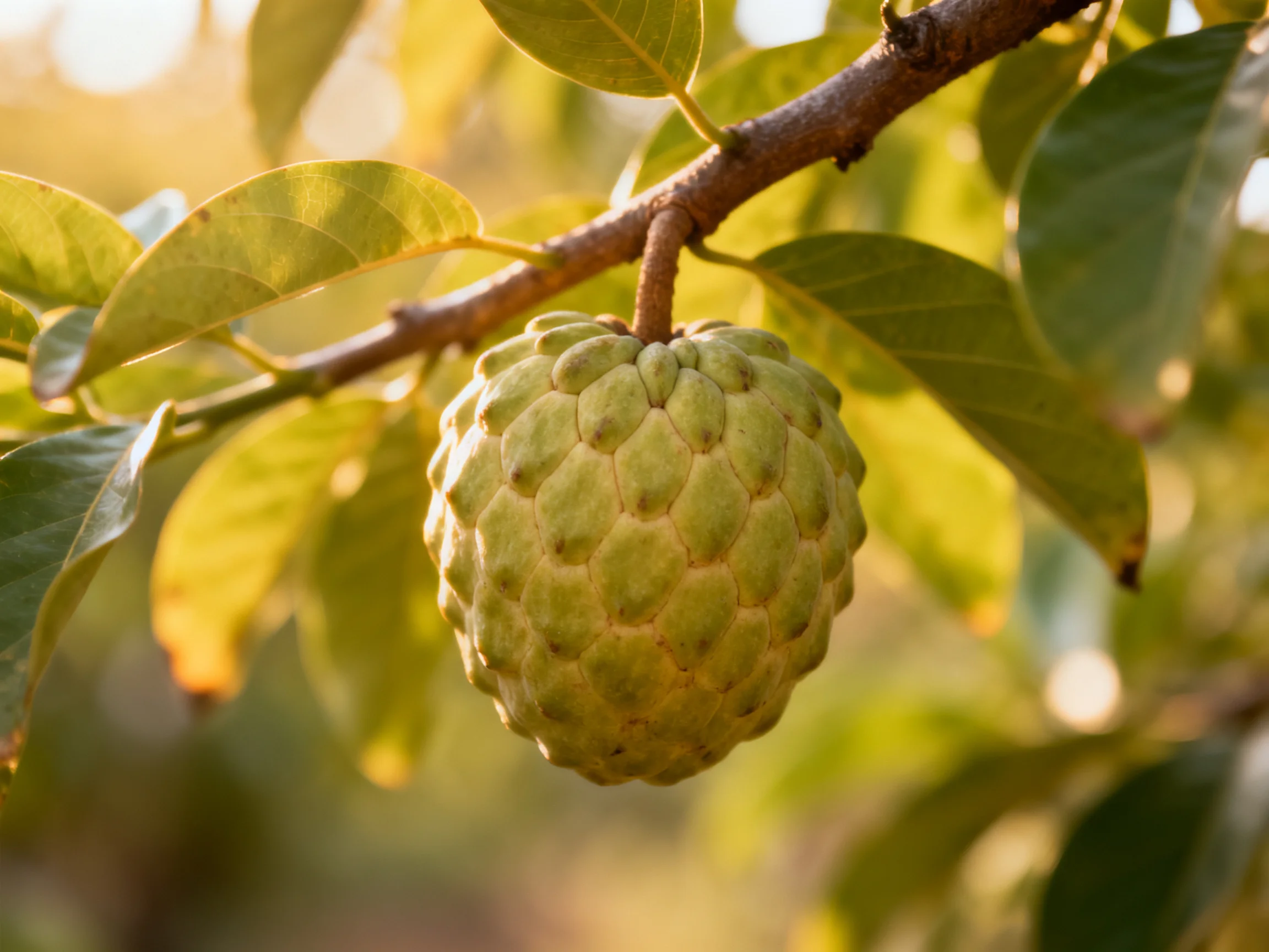 A round green custard apple with textured skin hangs from a tree branch