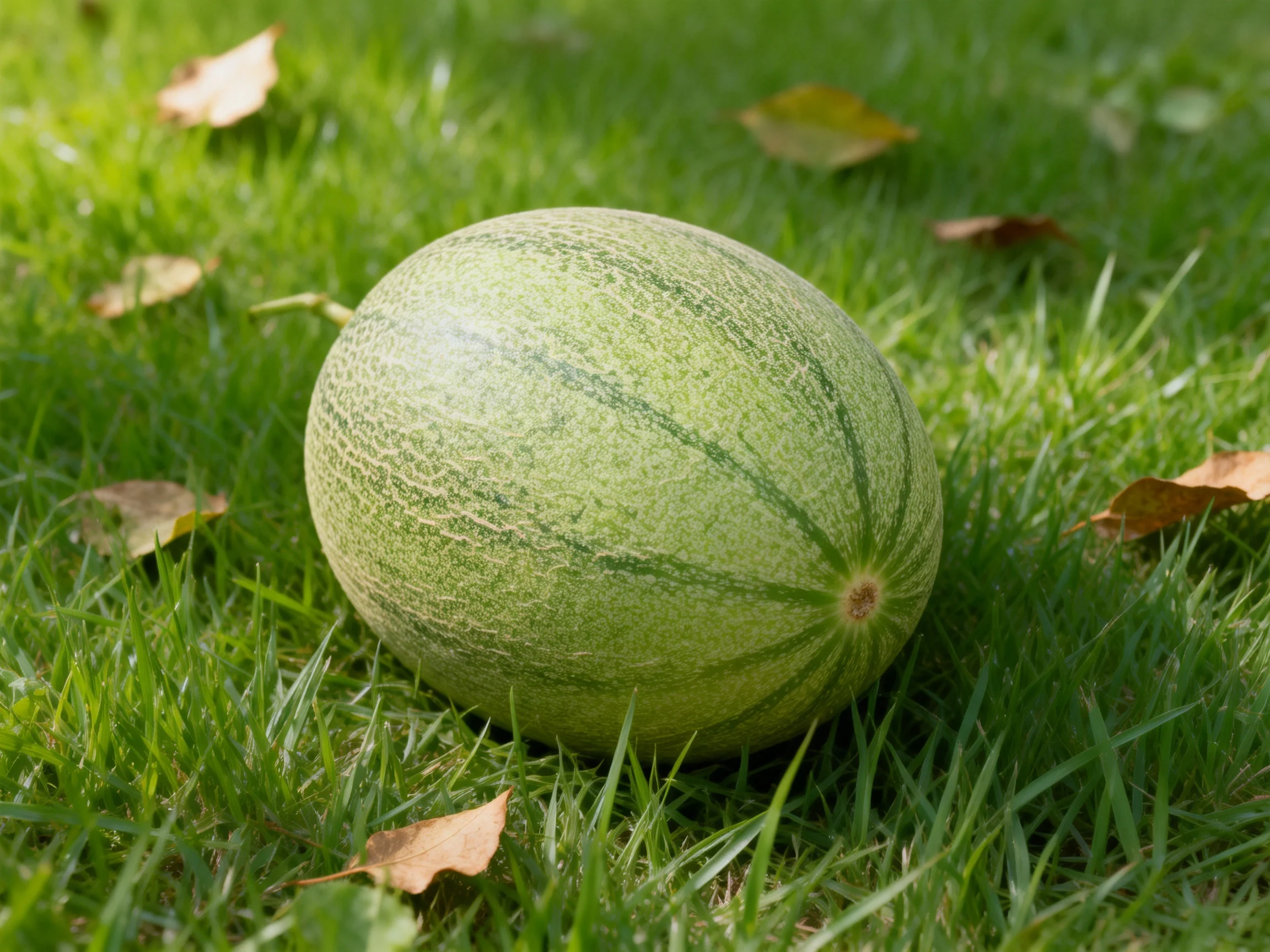 A round green melon rests on lush green grass with scattered brown leaves