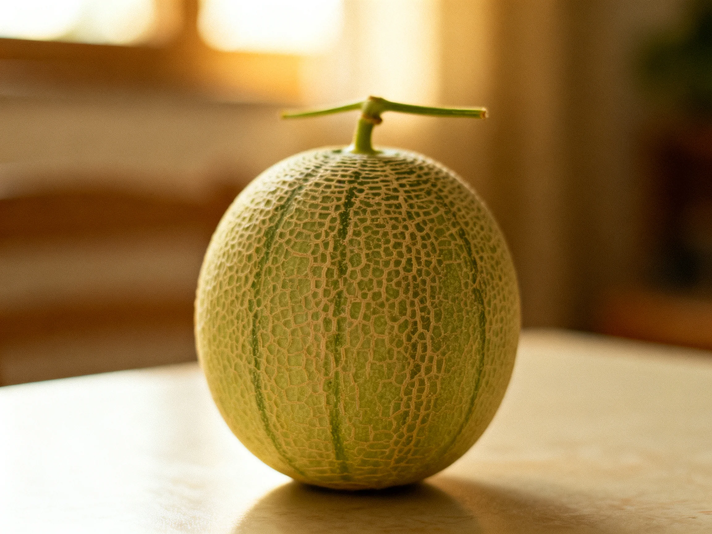A round green melon with textured rind sits on a table