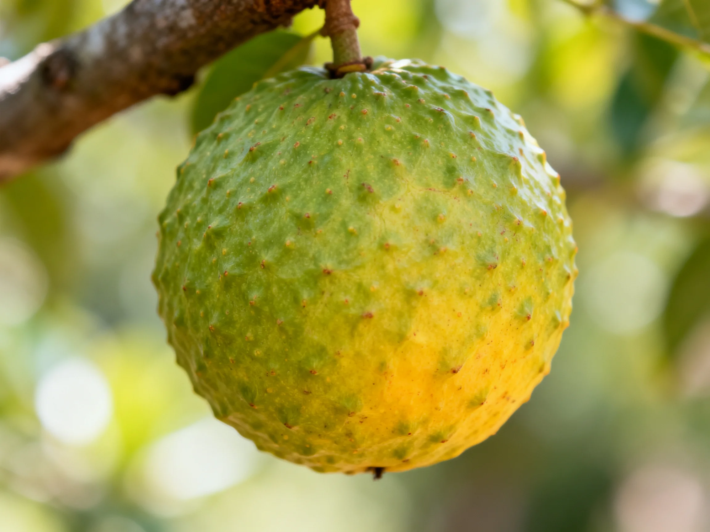 A round green-yellow tropical fruit hangs from a tree branch