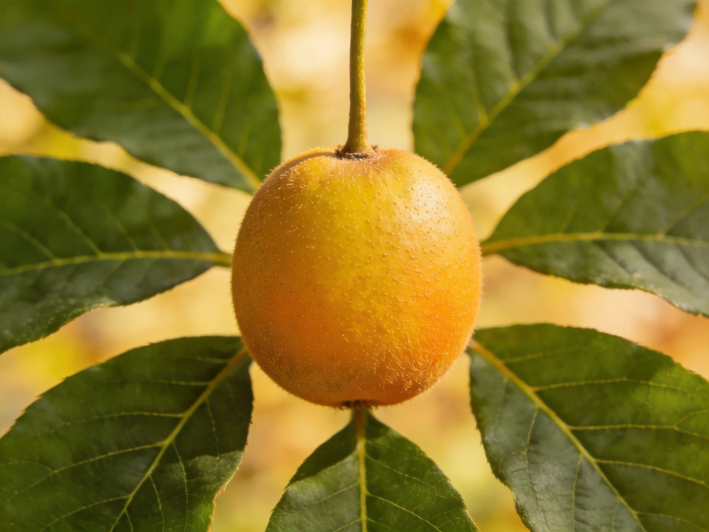 A round orange-yellow fruit surrounded by broad green leaves