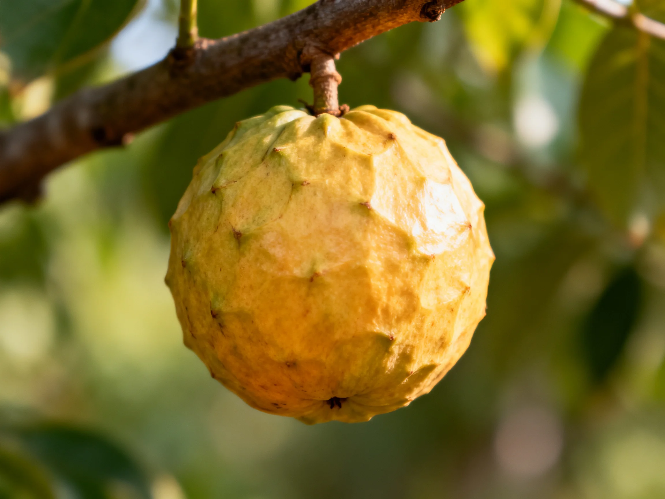 A round, textured yellow-green fruit hangs from a tree branch