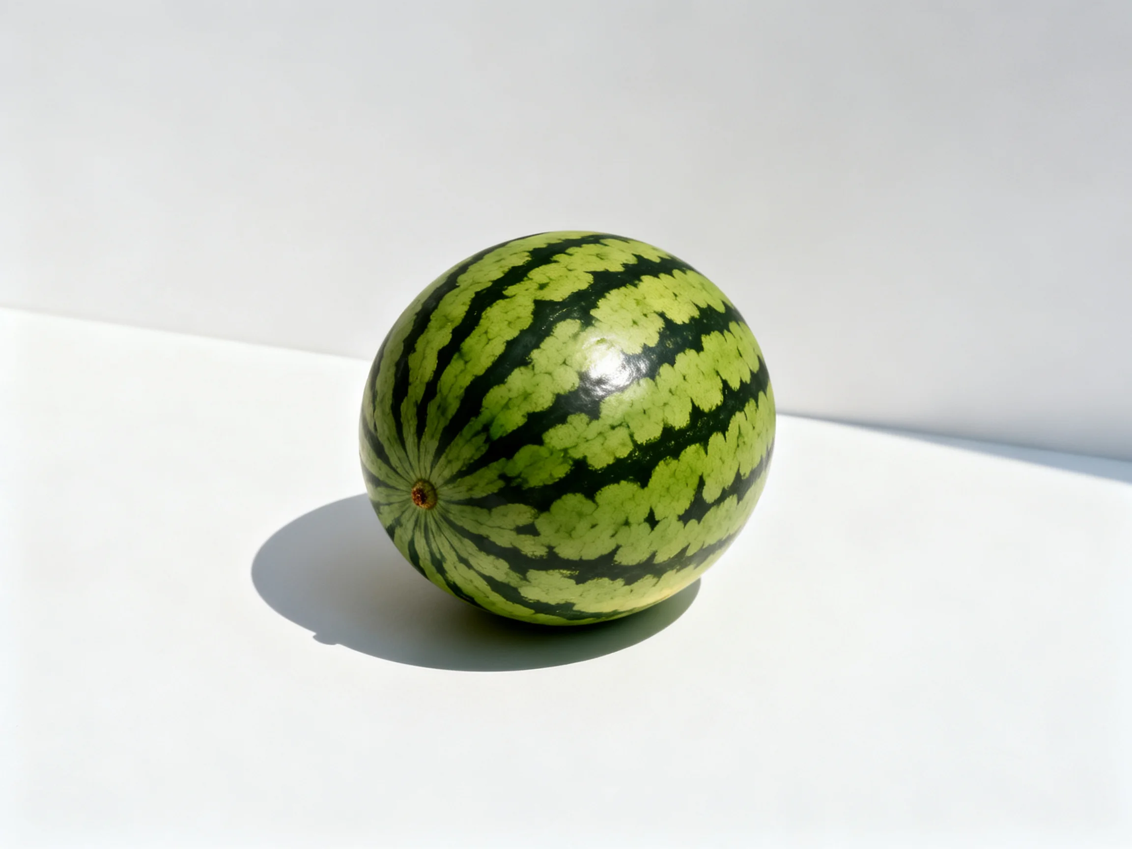 A round watermelon with green and dark stripes sits on a white surface.