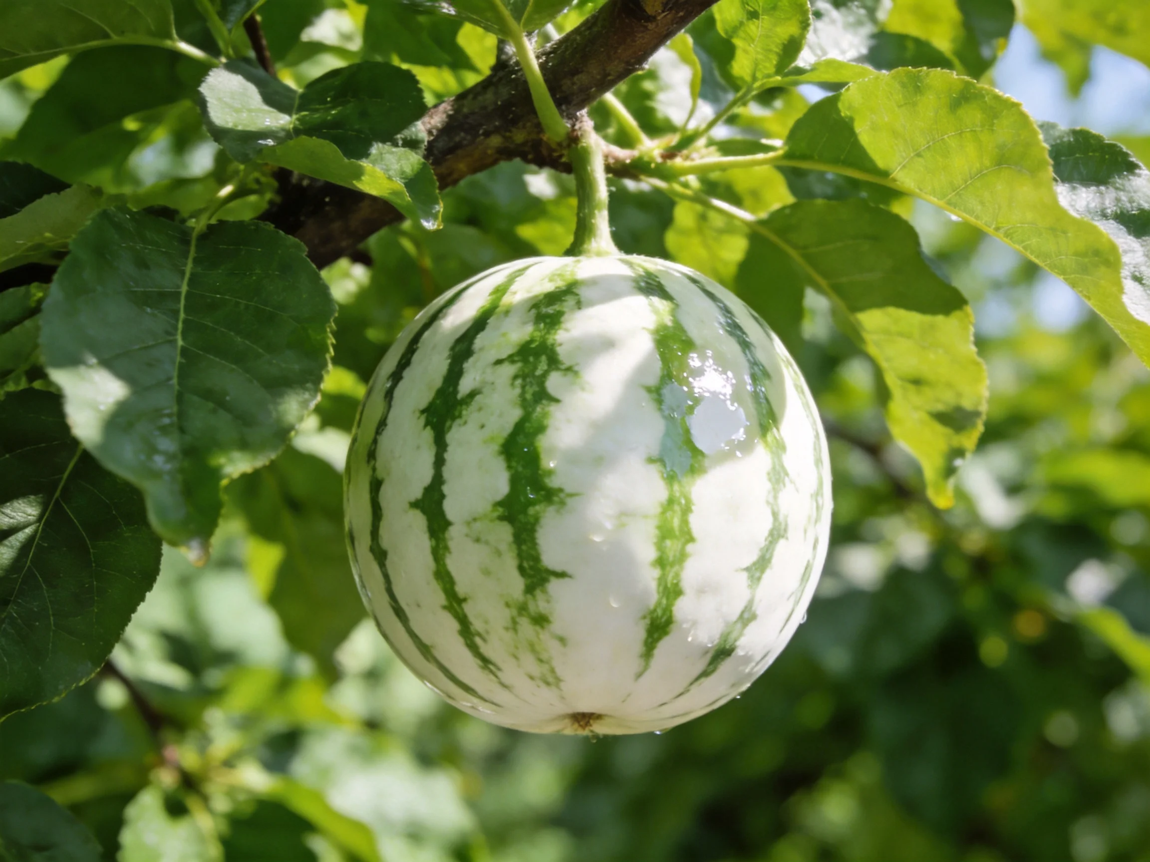 A round white-and-green striped fruit hangs from a leafy branch