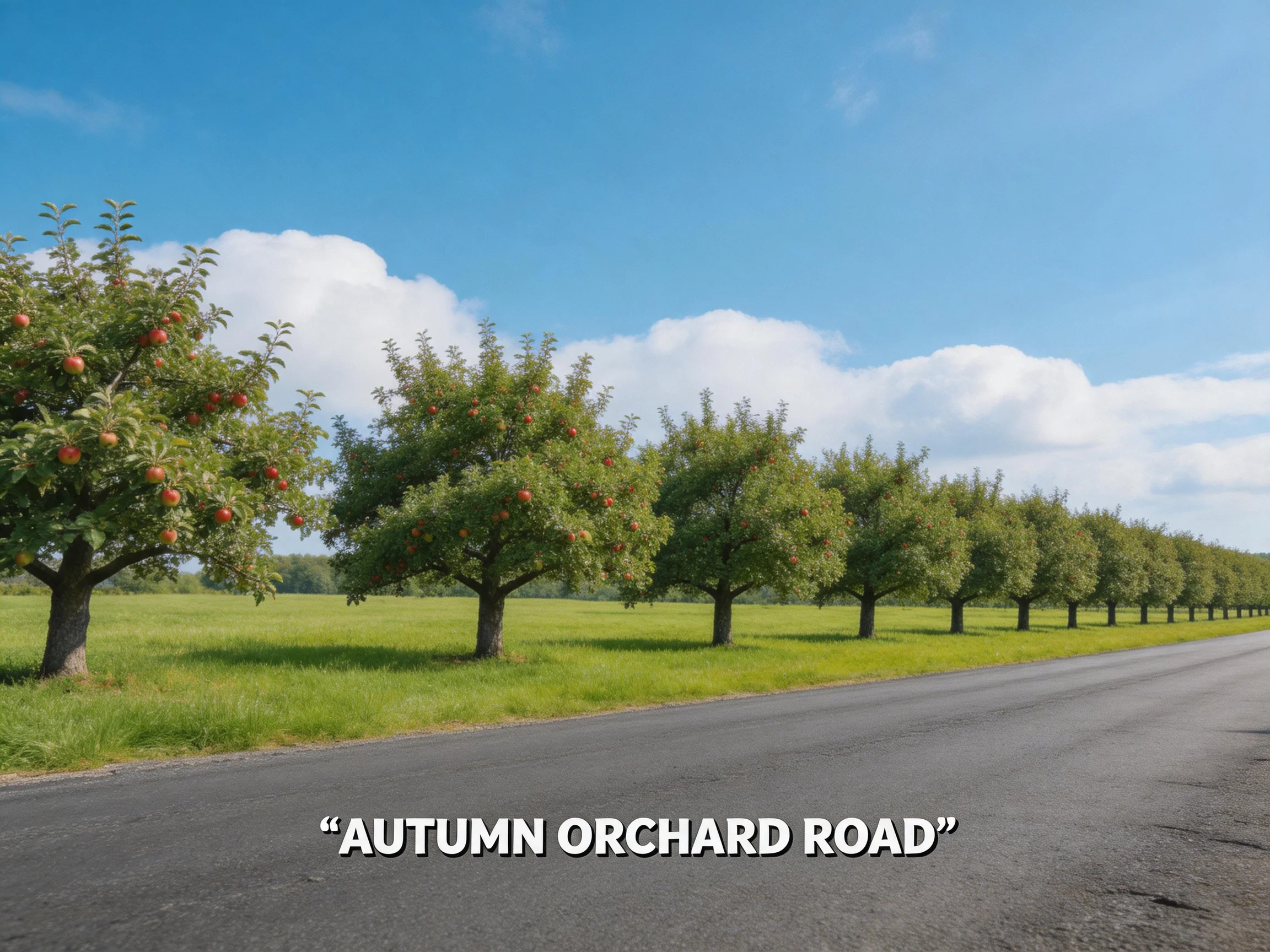 A row of fruit-laden trees lines a paved orchard road under clear blue skies