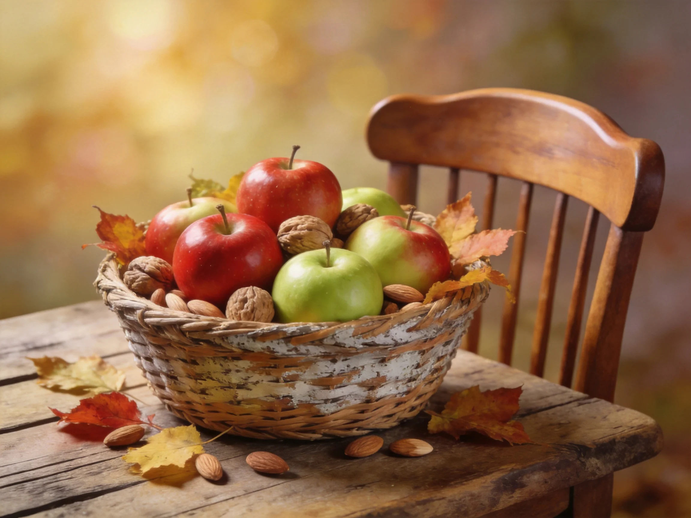A rustic basket holds red green apples walnuts almonds beside wooden chair