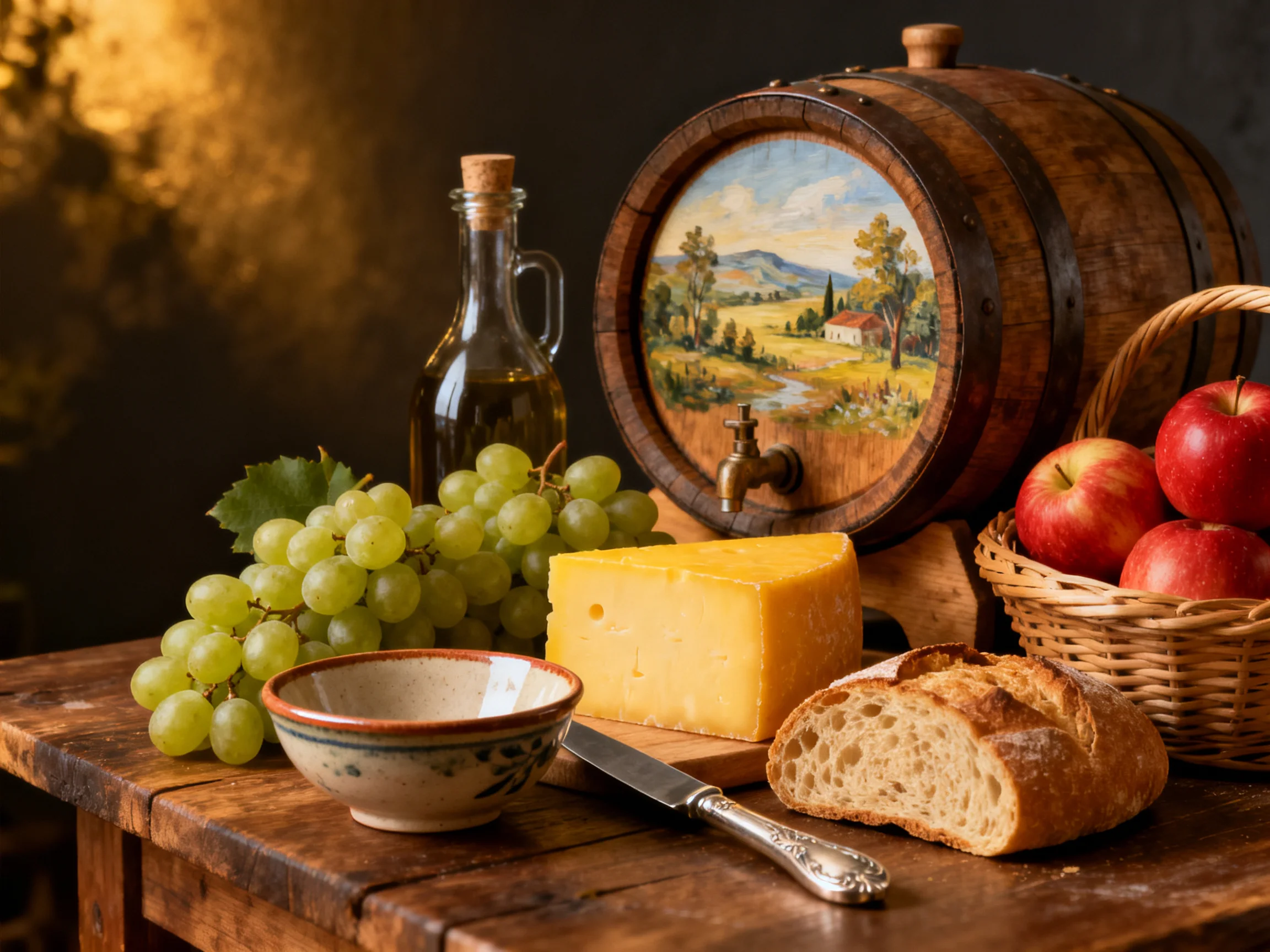 A rustic still life with green grapes, red apples, yellow cheese, and wooden barrel