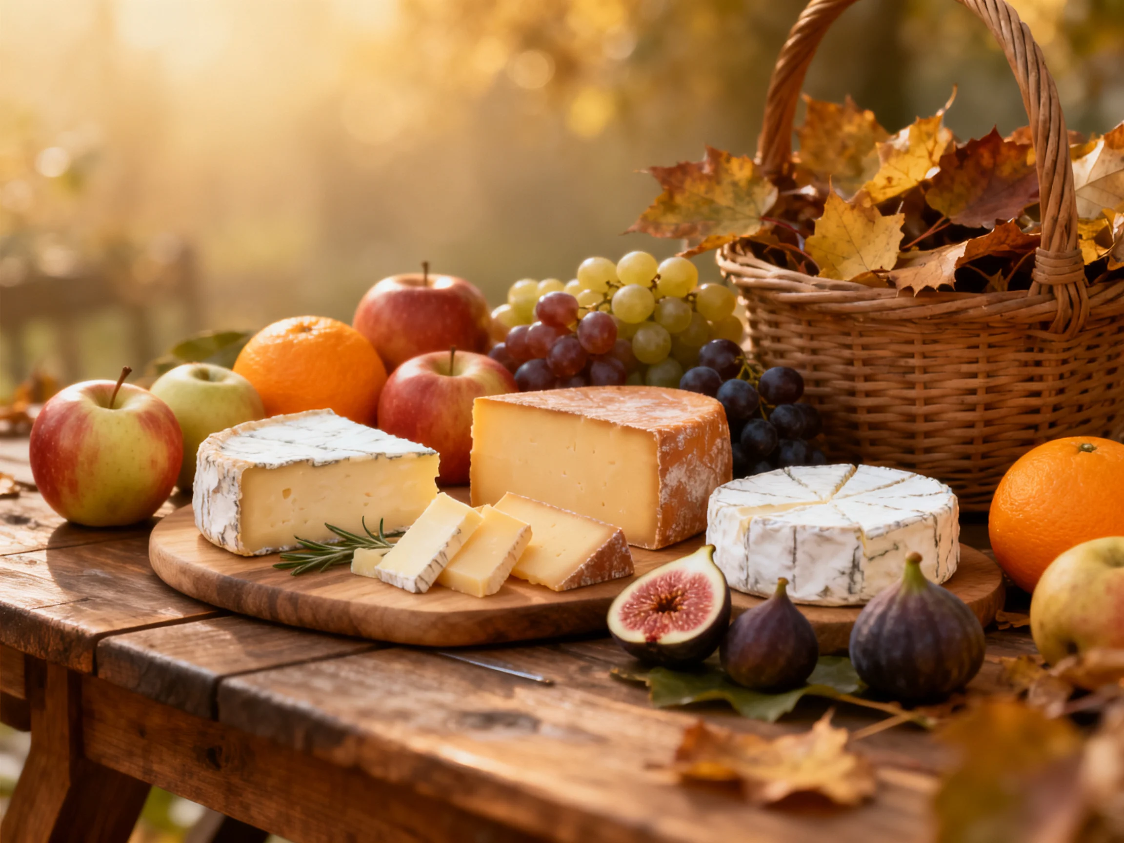 A rustic table displays assorted cheeses, colorful fruits, and autumn leaves.