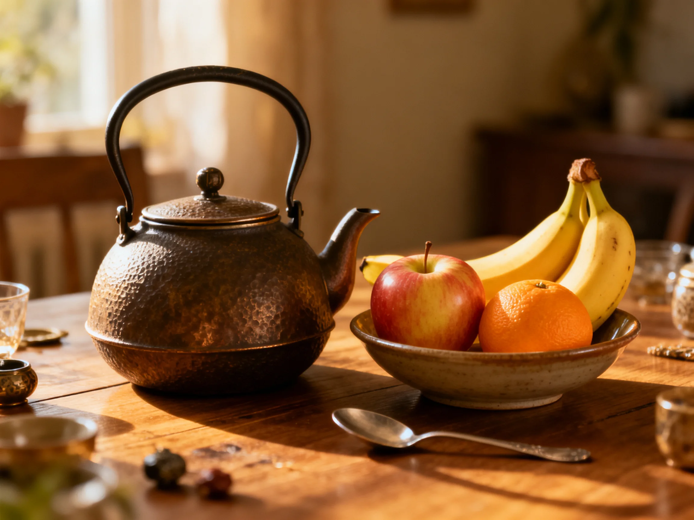 A rustic teapot beside a bowl of fruit on a wooden table
